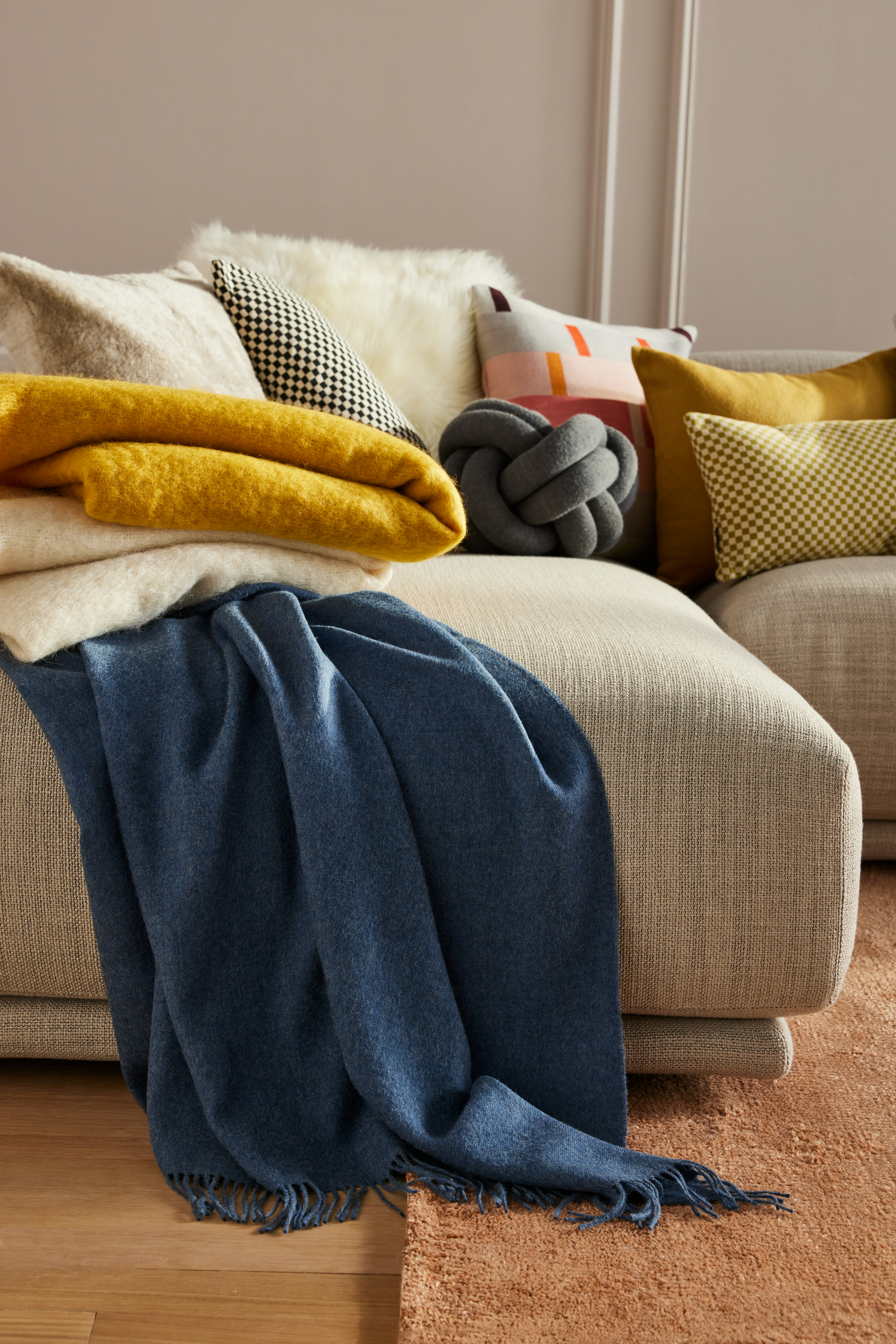 Oona Throw,  Knot Cushion,  Oona Throw Pillow,  Hjelle Regn Pillow,  Hjelle Morketid Pillow,  Girard Checker Pillow