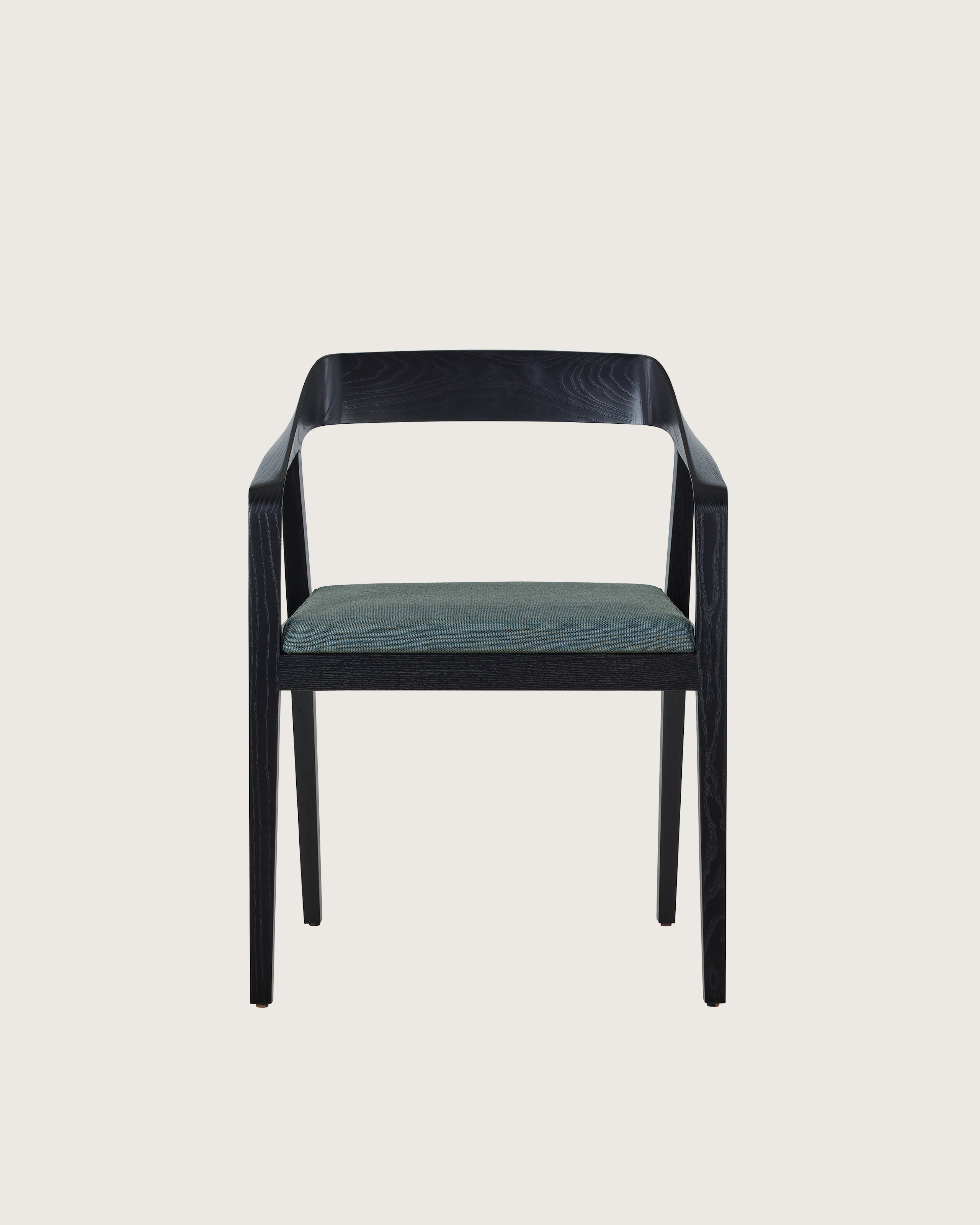 A Full Twist Guest Chair in a dark wooden frame and upholstered seat, viewed from the front.