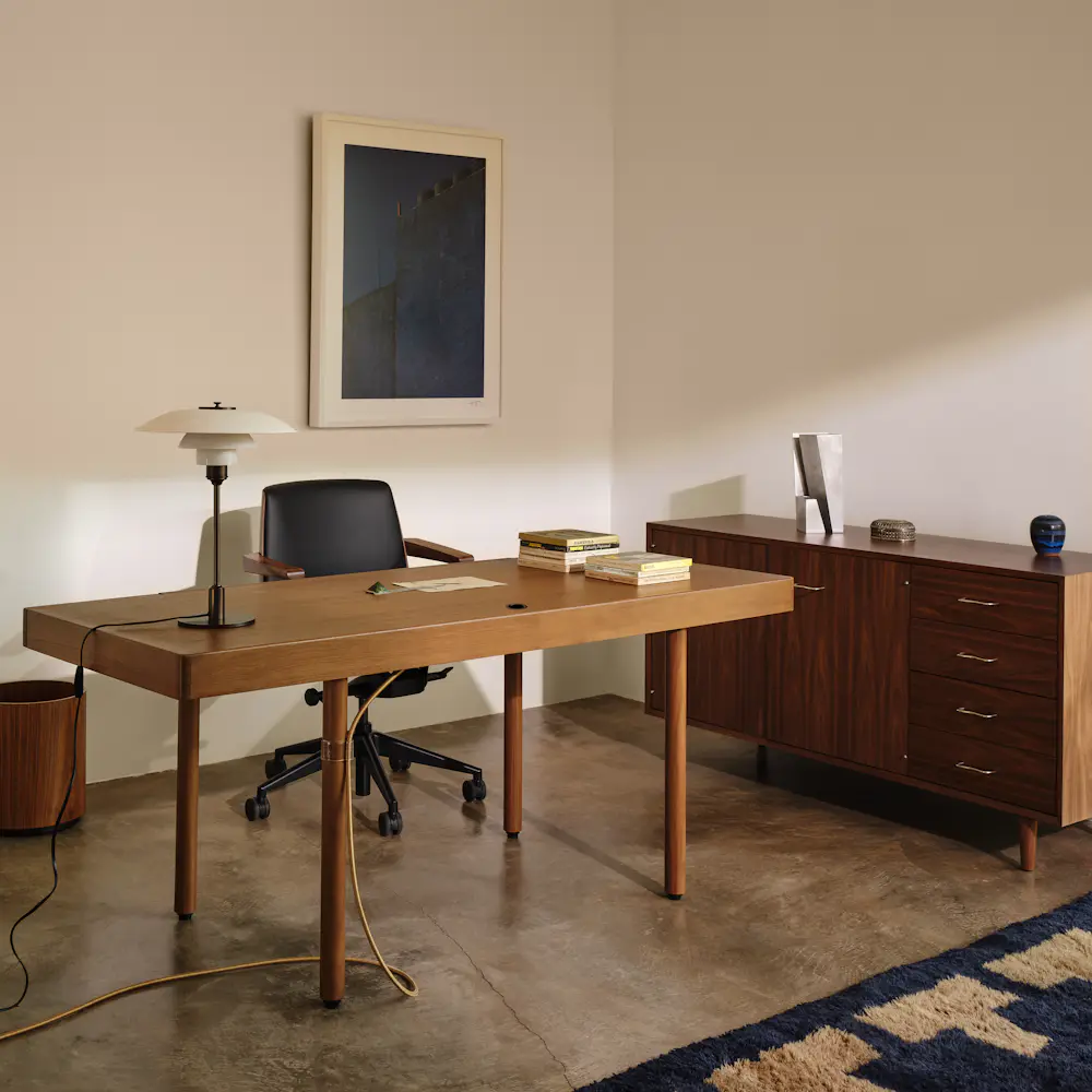 Leatherwrap veneer desk, Clamshell Chair and Nelson Basic Cabinet Series