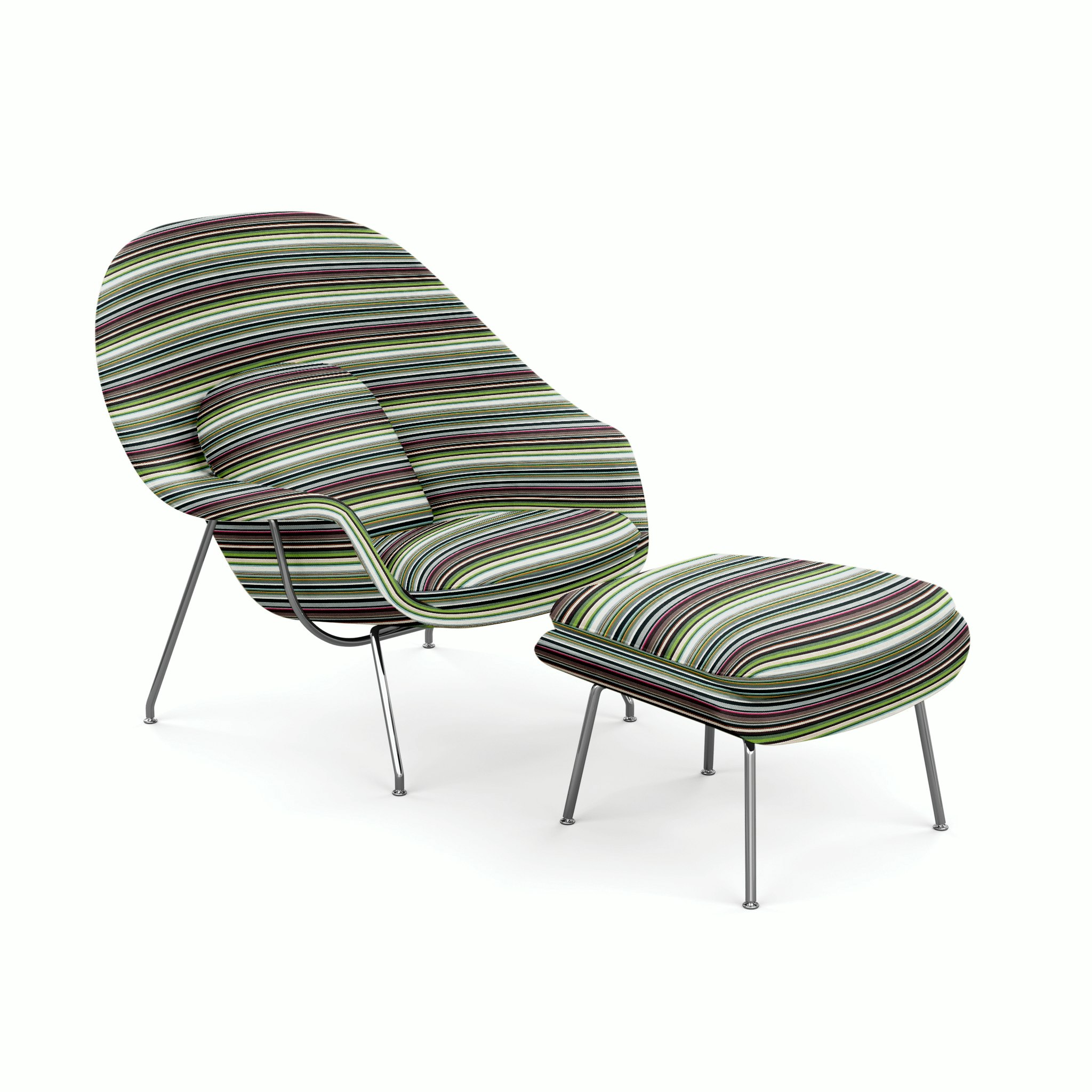 Womb Chair and Ottoman - Standard,   Maharam Stripes,   Modulating,   Polished Chrome