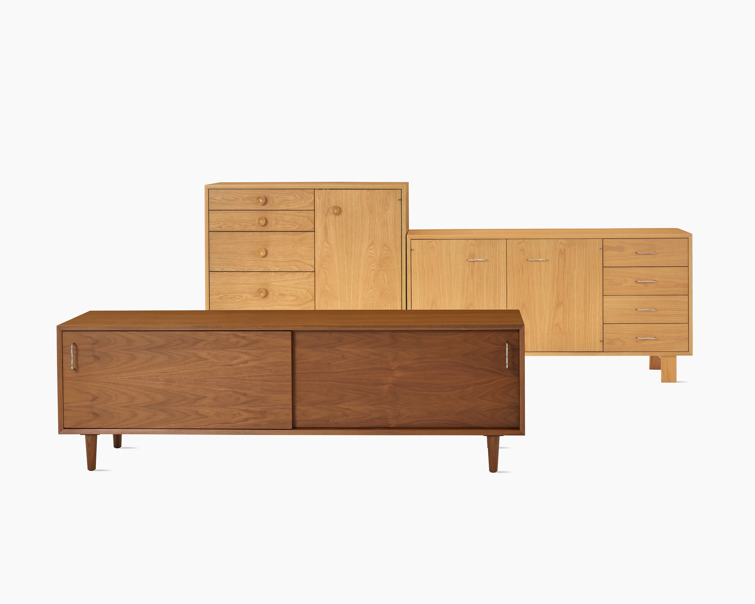 Nelson Basic Cabinet Series media unit, credenza, and cabinet grouped together.