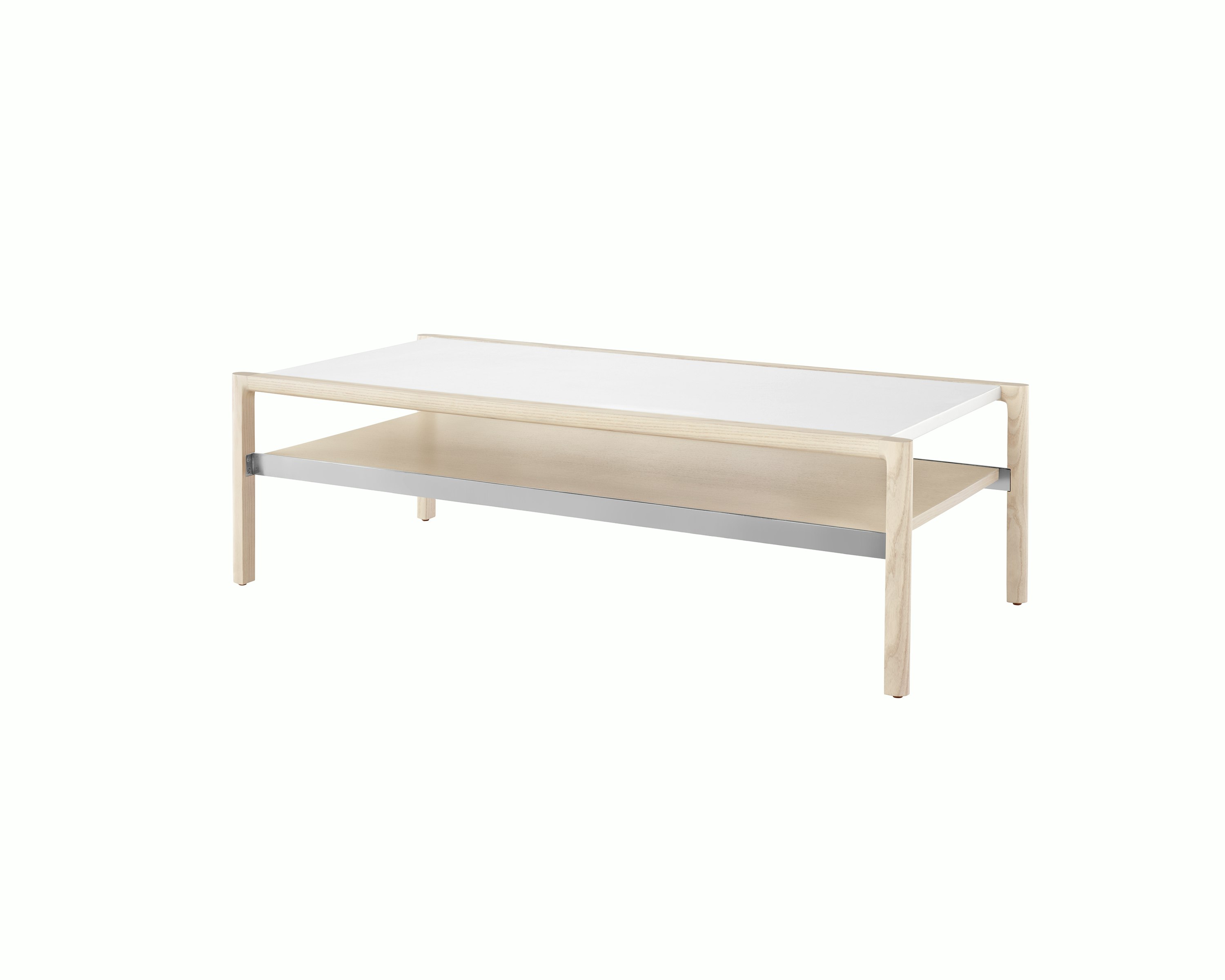 A rectangular Brabo Table with a leather-wrapped top, wood shelf, and metal frame supports. Viewed at an angle.