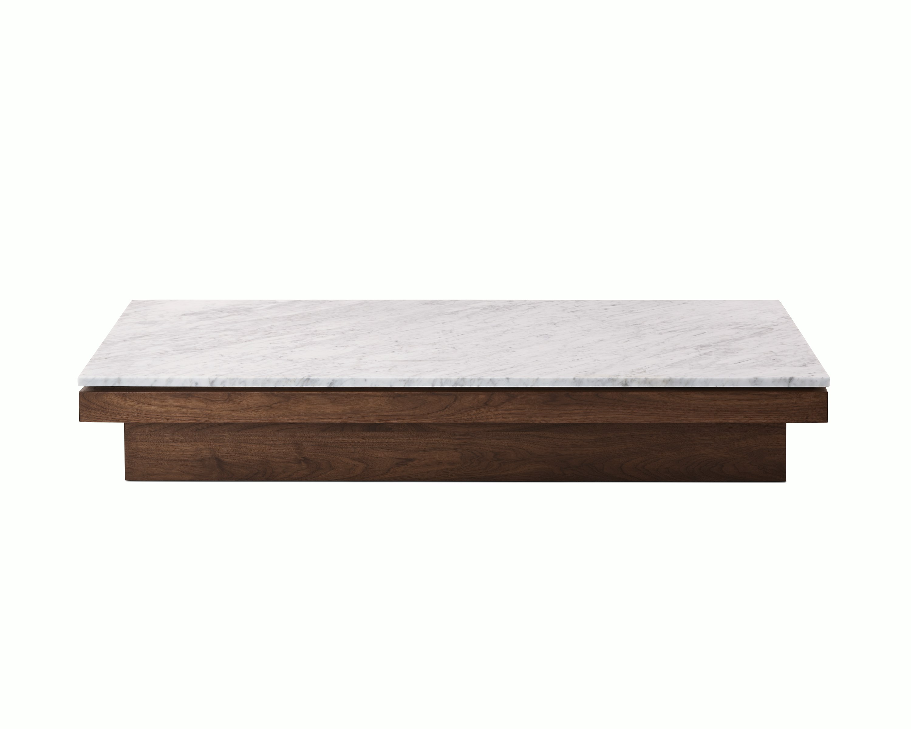 Pawson Drift Coffee Table with walnut base and white marble top, viewed from the front.