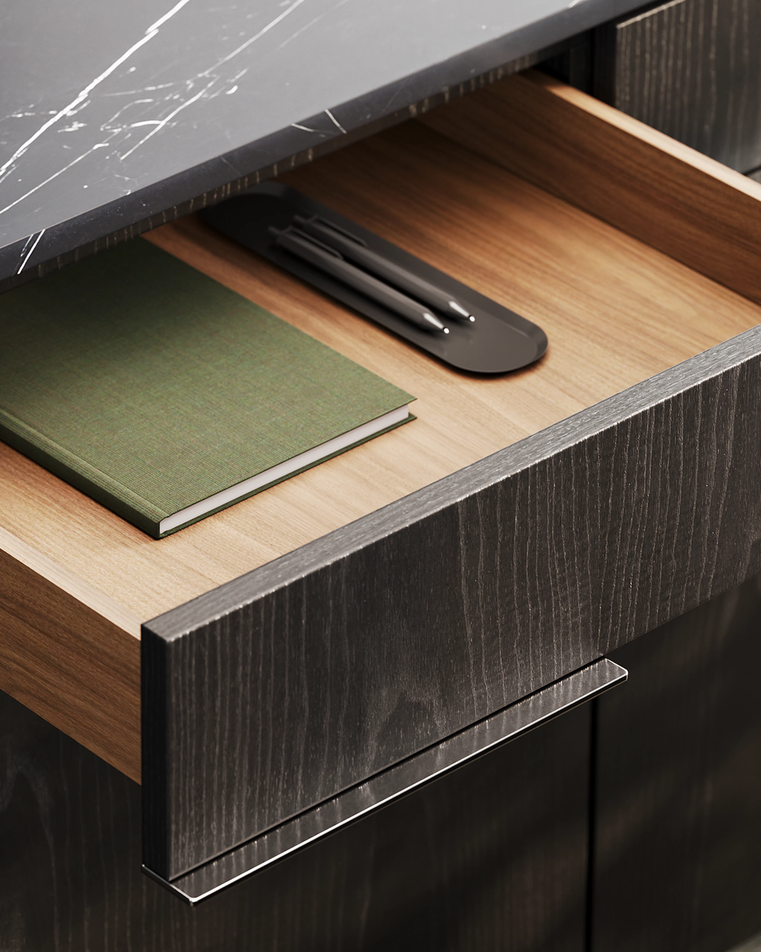 Detail shot of Ascent Credenza designed by EOOS in Ebonized Ash with a Nero Marquina marble top showing the drawer interior.