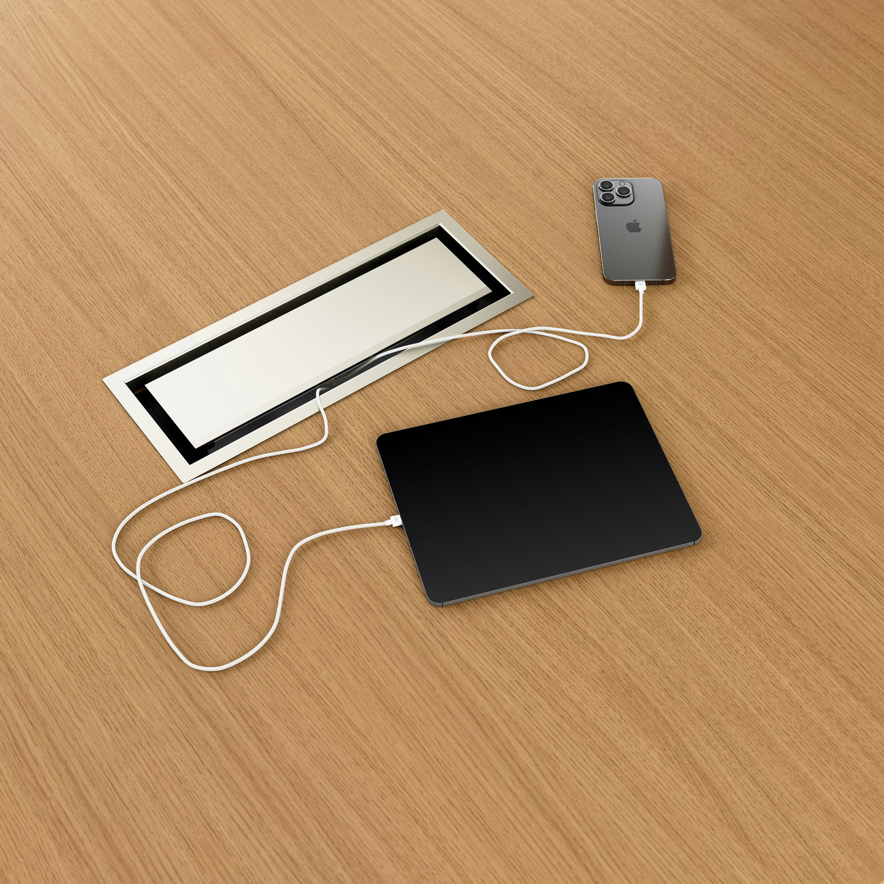 Detail shot of closed tabletop power access on JD Media Table and Wall in Natural Rift Cut Oak.