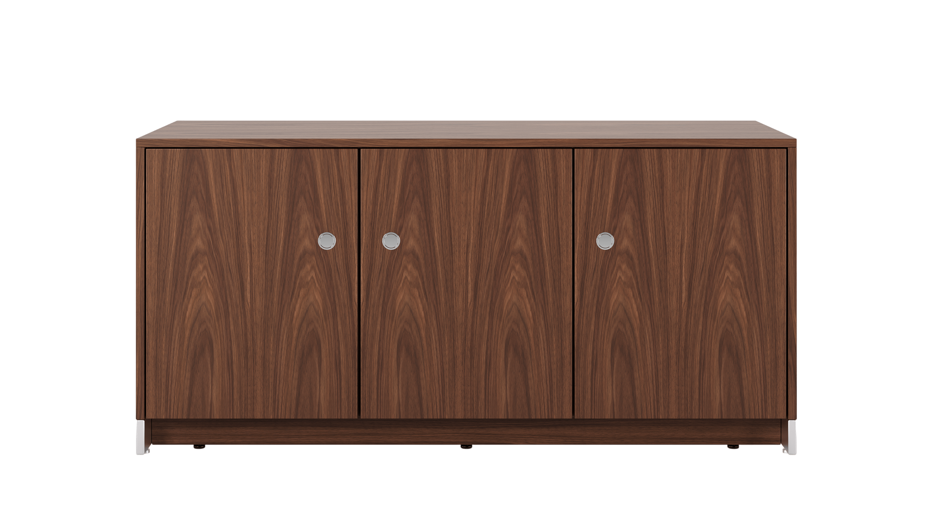 52.5 inch wide Sled Base Credenza with shelf storage in walnut with a chrome base and pulls viewed from the front.