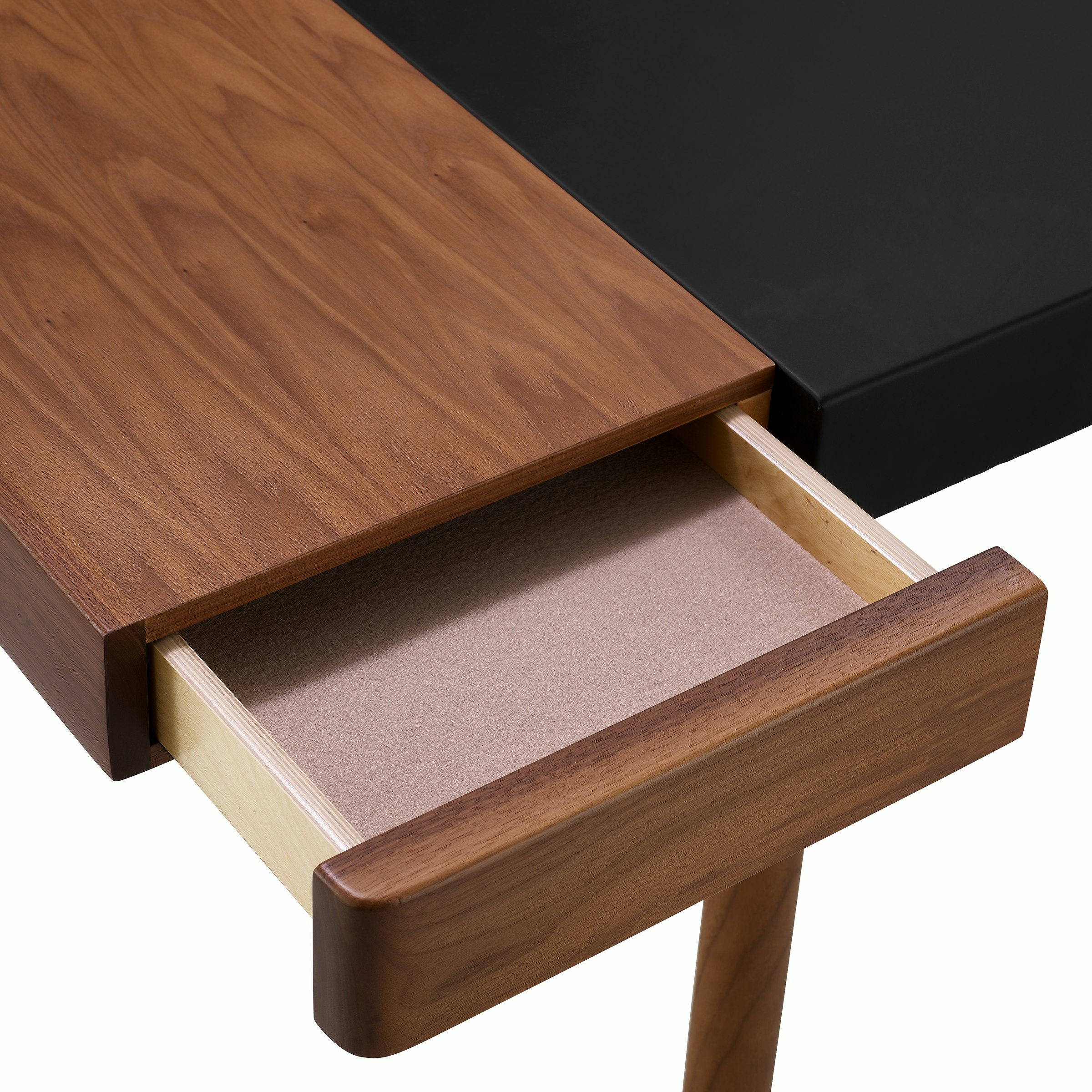 New Canaan Leatherwrap Sit-to-Stand Desk in Walnut and Black Leather, open drawer detail.