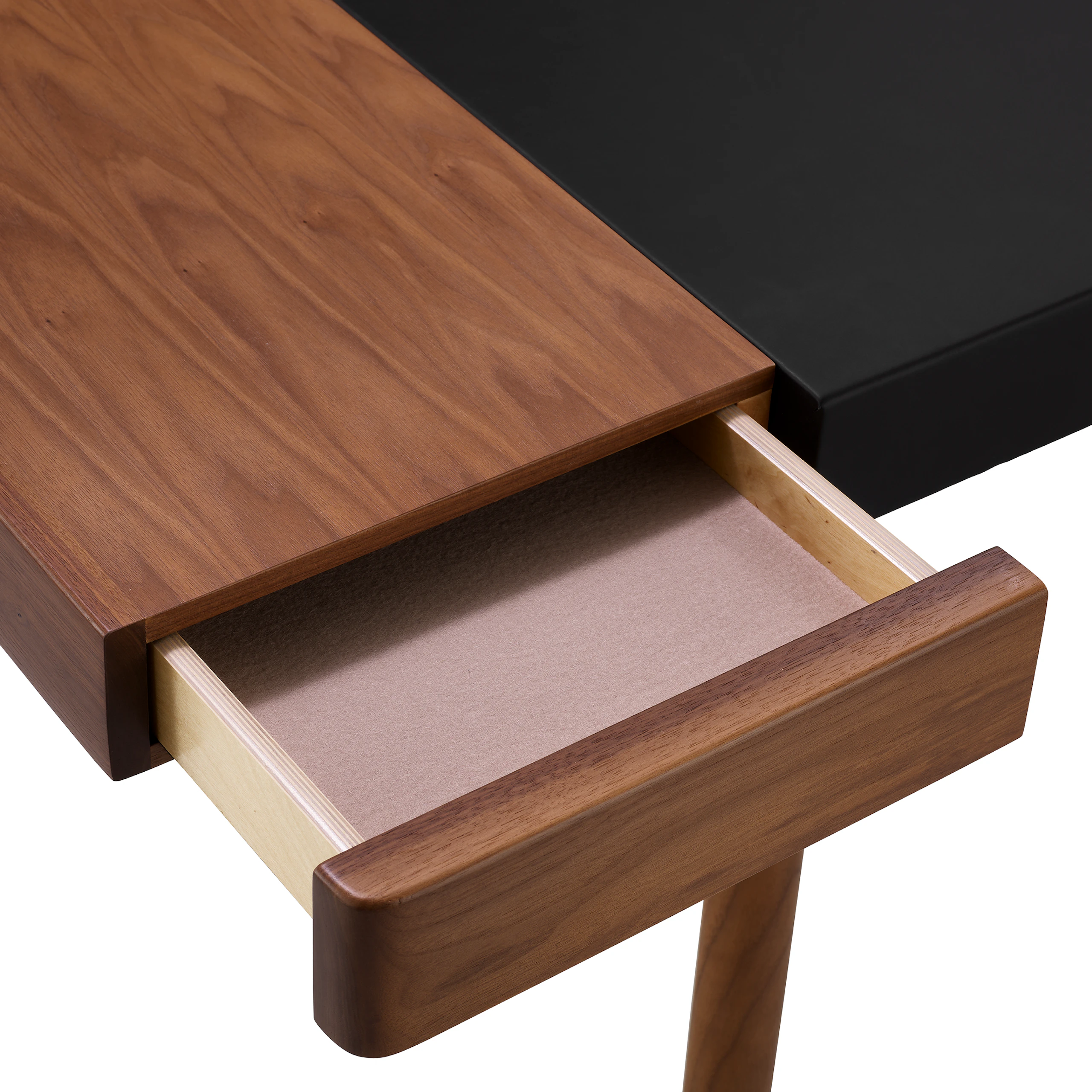 New Canaan Leatherwrap Sit-to-Stand Desk in Walnut and Black Leather, open drawer detail.