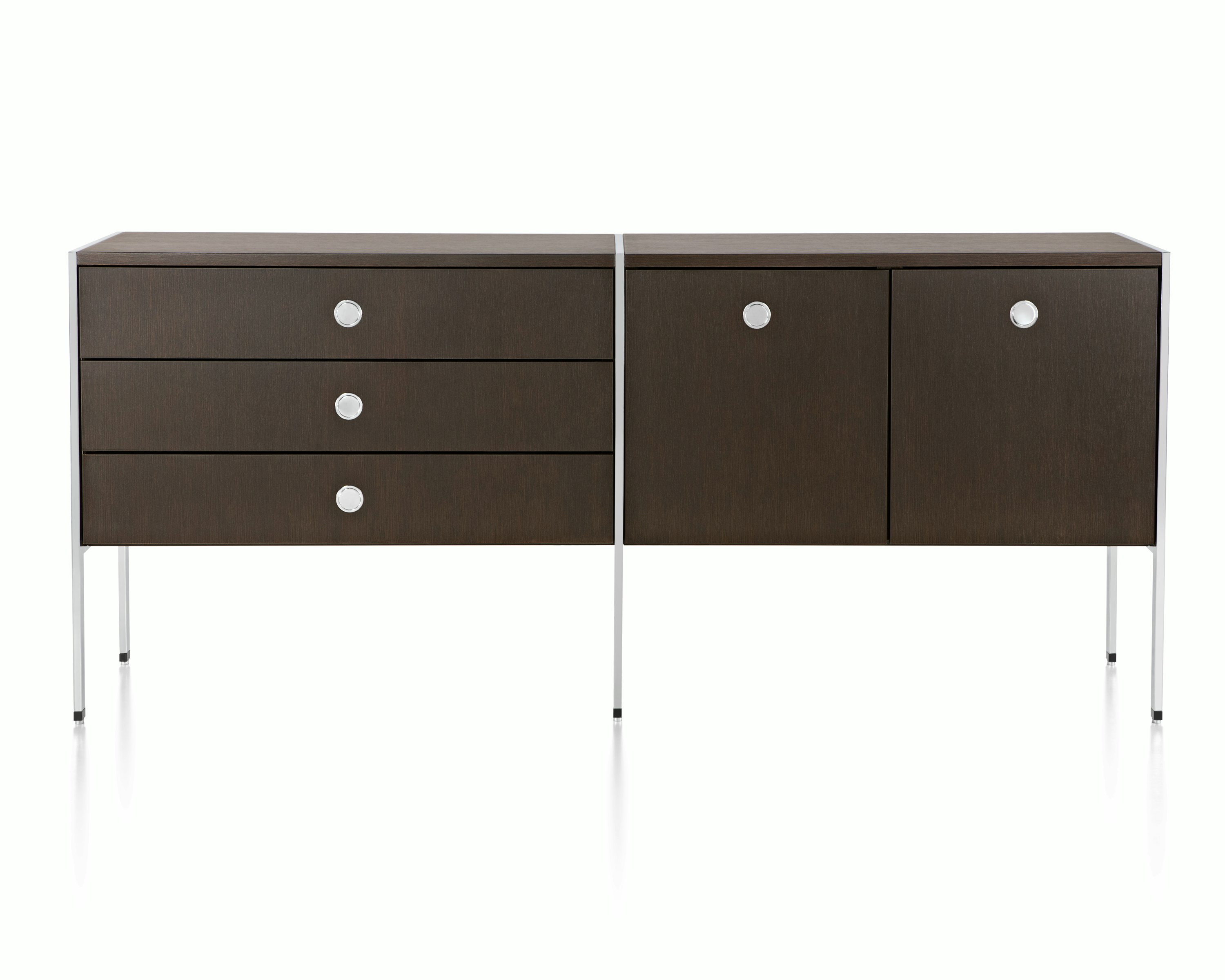A two-unit H Frame Storage credenza with a dark wood finish and modules for box drawers and enclosed cabinets.
