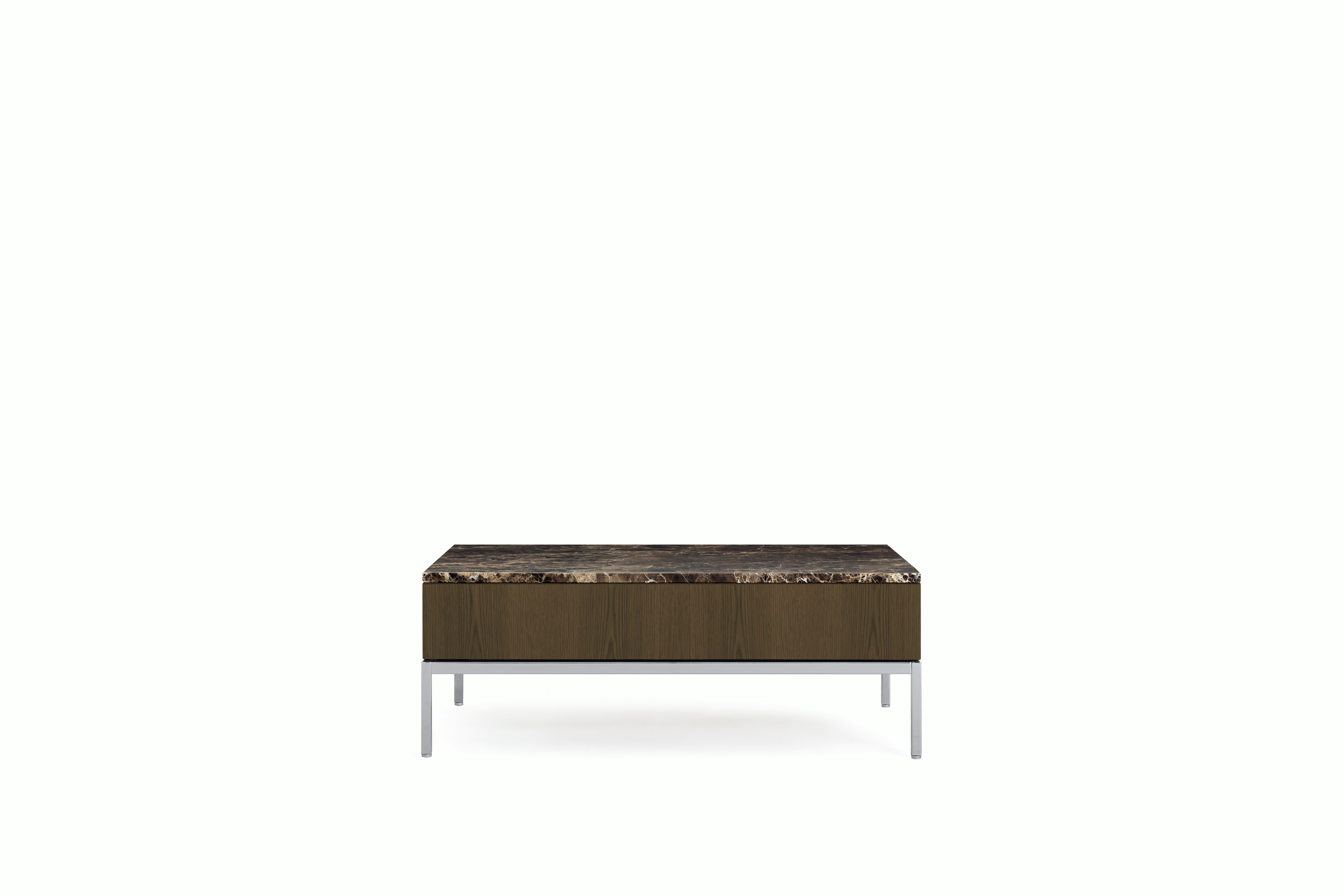 A Knoll Chermayeff Coffee Table in Umber on Oak, Espresso Marble Coated viewed from the front.