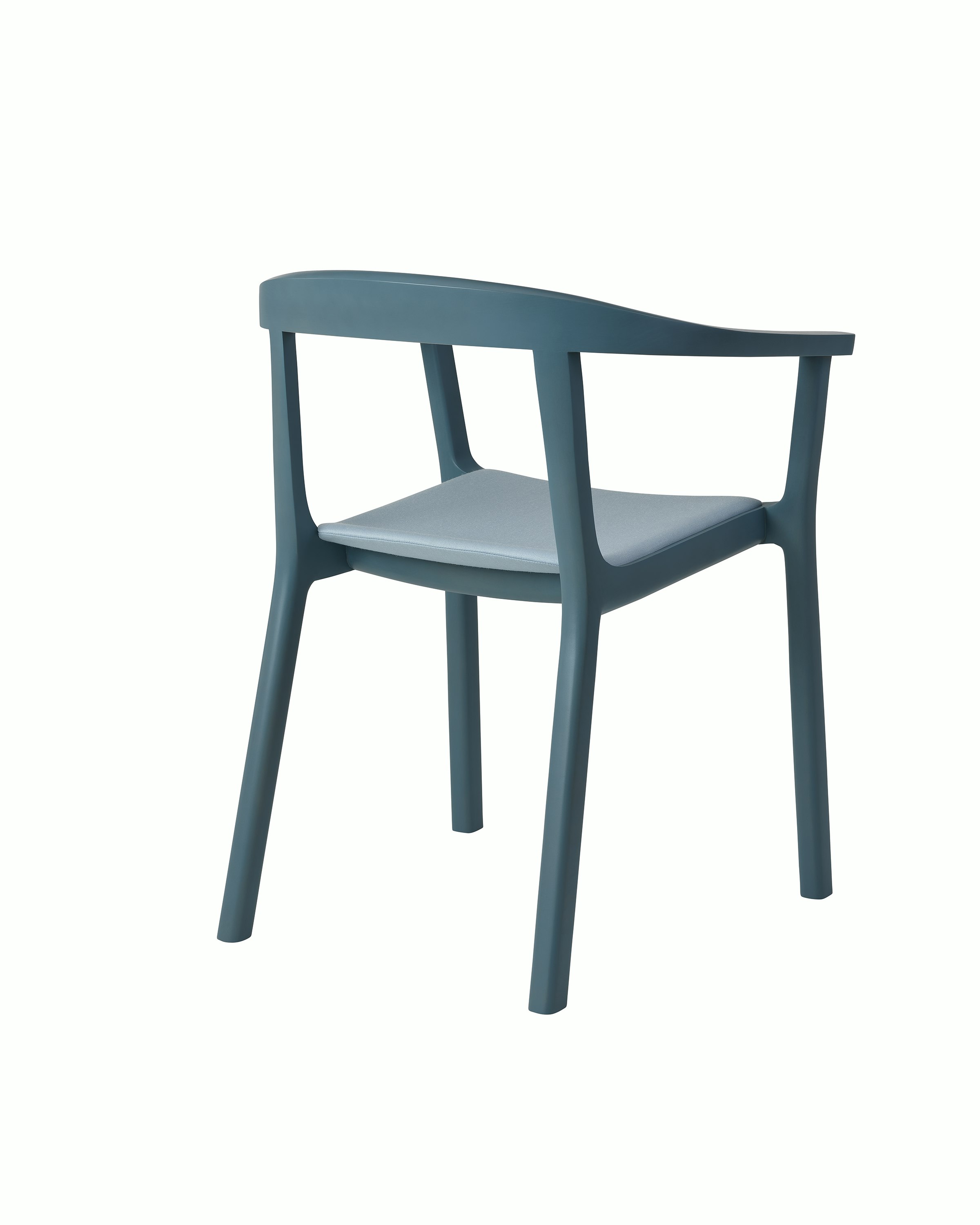 Lijn Armchair by Carole Baijings for Geiger in Nordic Blue frame upholstered with Maharam Valor in Alfresco, angled back view on a white sweep.
