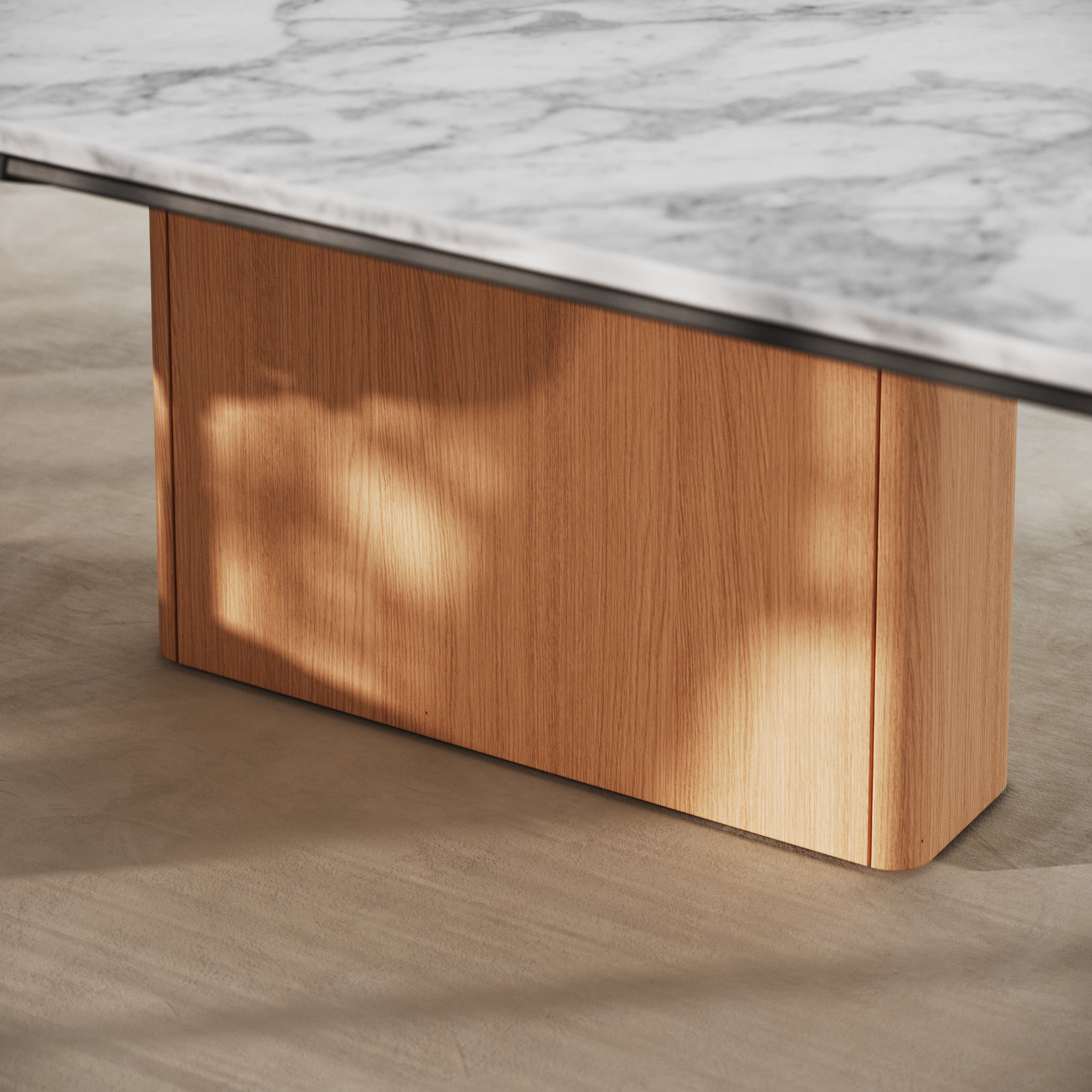 Detail shot of the Ascent Conference Table designed by EOOS showing closed wire management base.
