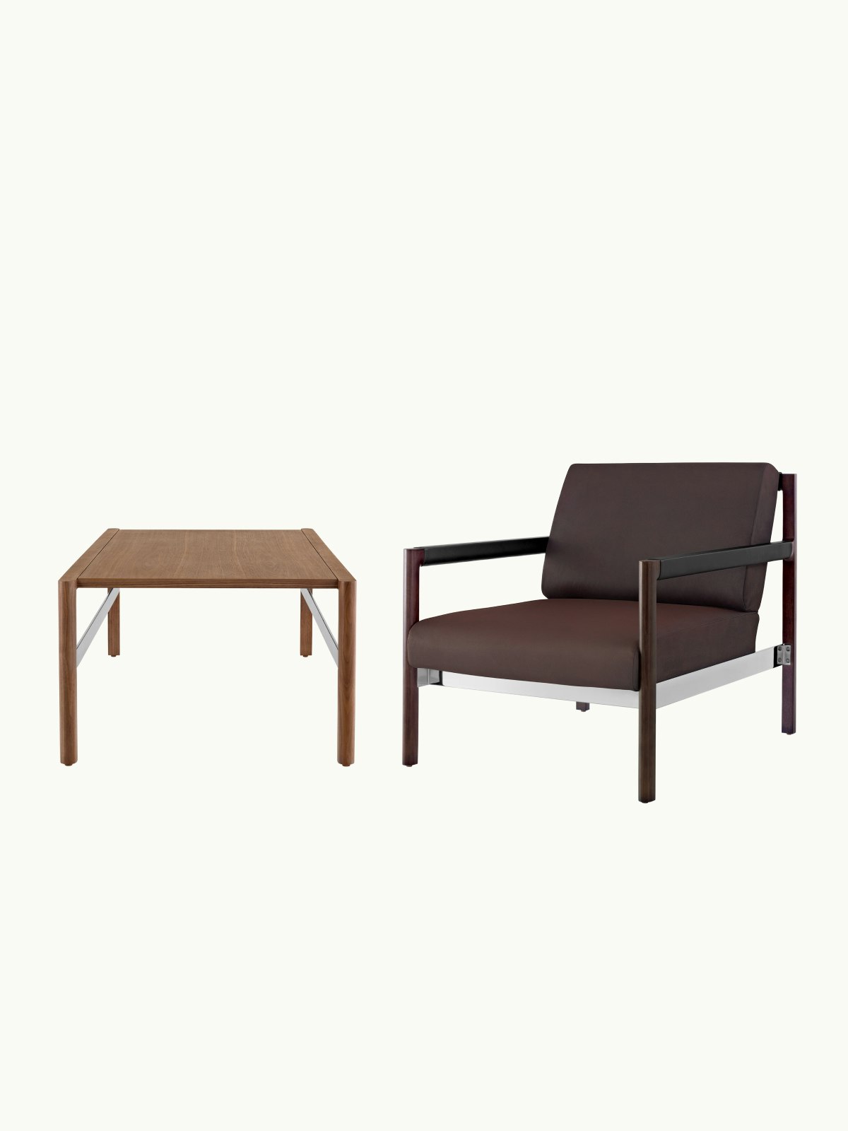 Two Brabo Sofas designed by Vincent Van Duysen, one front-facing settee with a wood frame and dark wood upholstery, one three-seater sofa with a wood frame and grey upholstery shown at an angle and staggered above the other, on a white sweep.