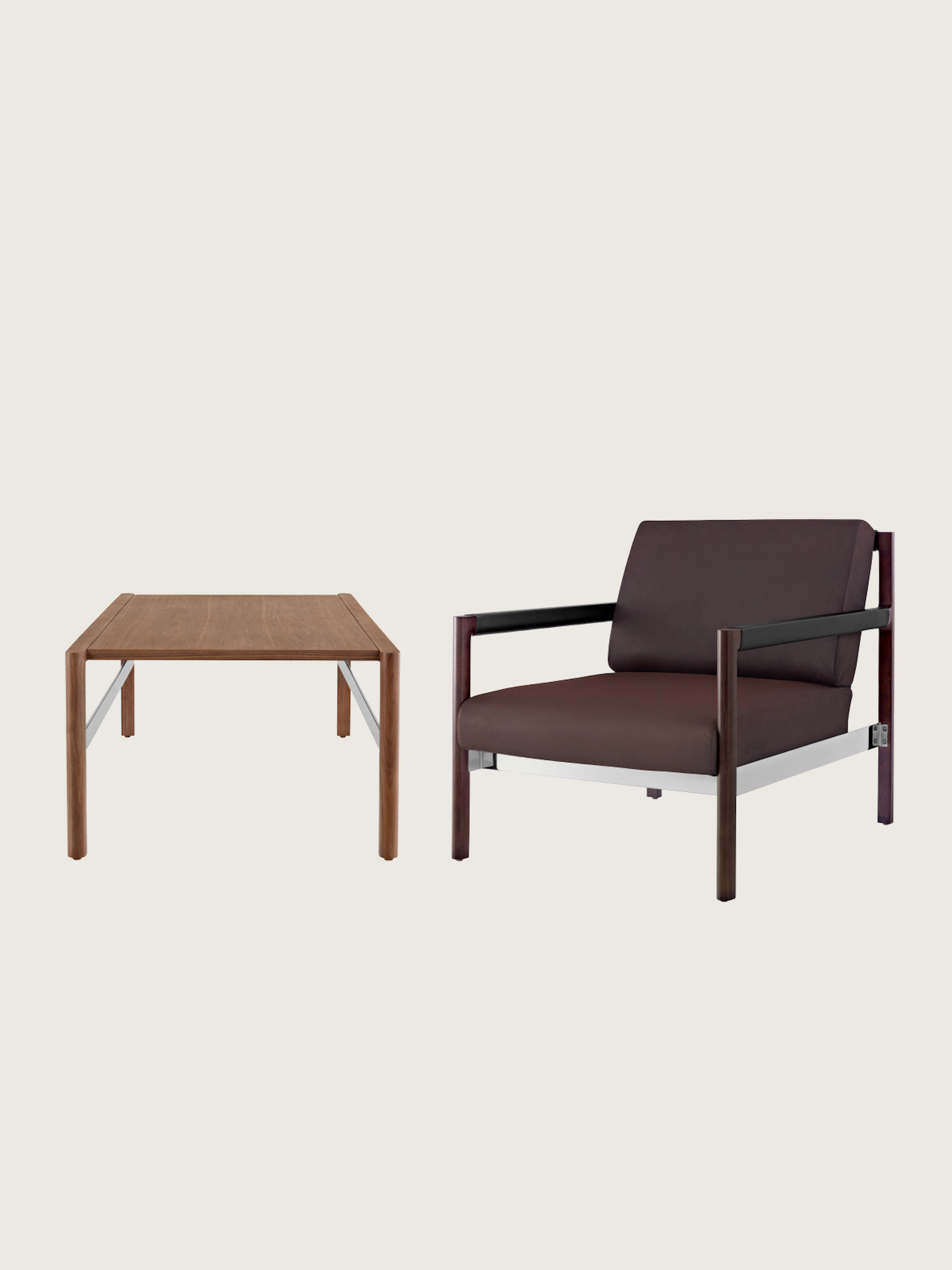 Two Brabo Sofas designed by Vincent Van Duysen, one front-facing settee with a wood frame and dark wood upholstery, one three-seater sofa with a wood frame and grey upholstery shown at an angle and staggered above the other, on a white sweep.