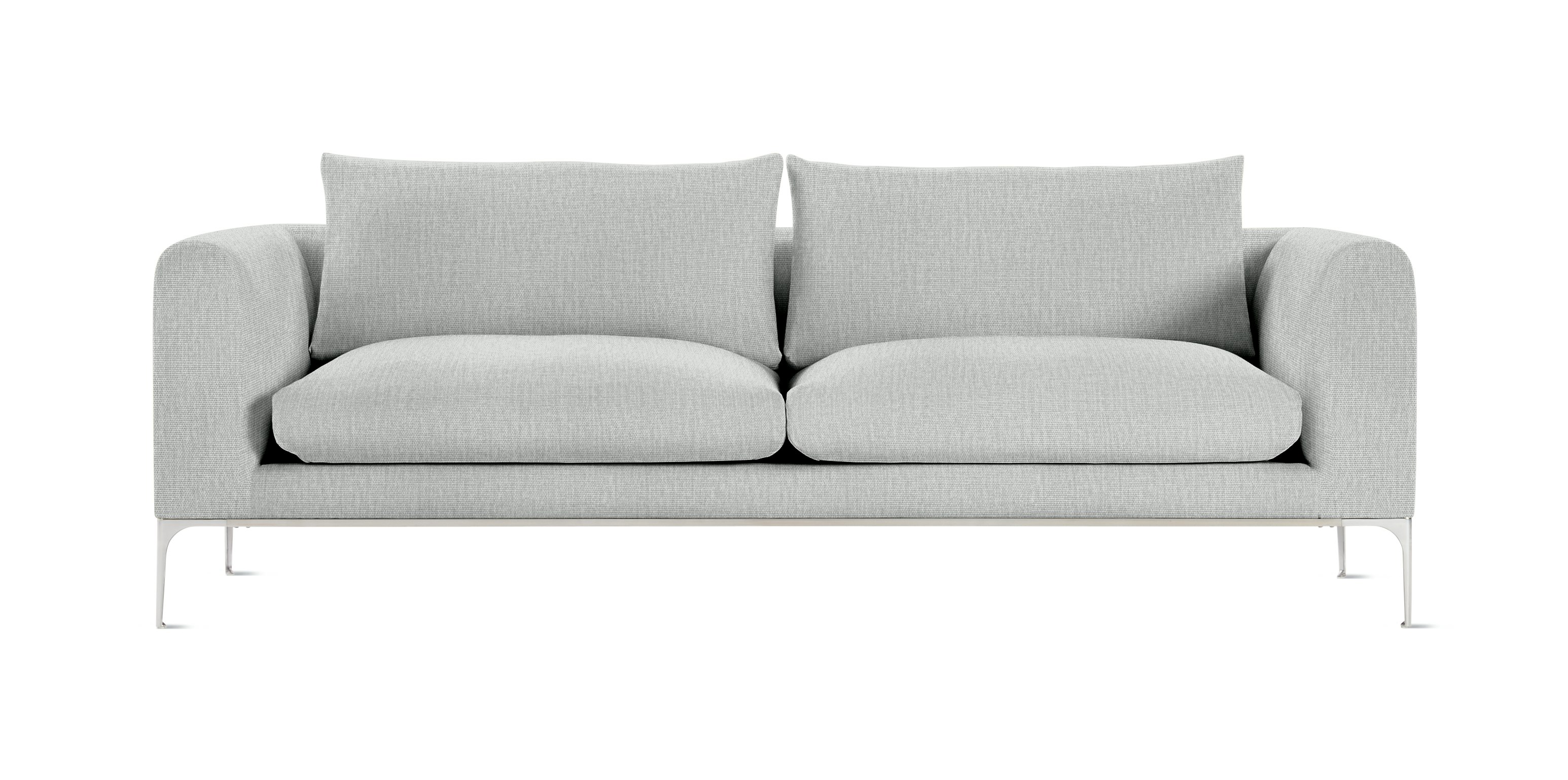 A Jonas Sofa in Metaphor, Homeland with Aluminum finish viewed from the front.
