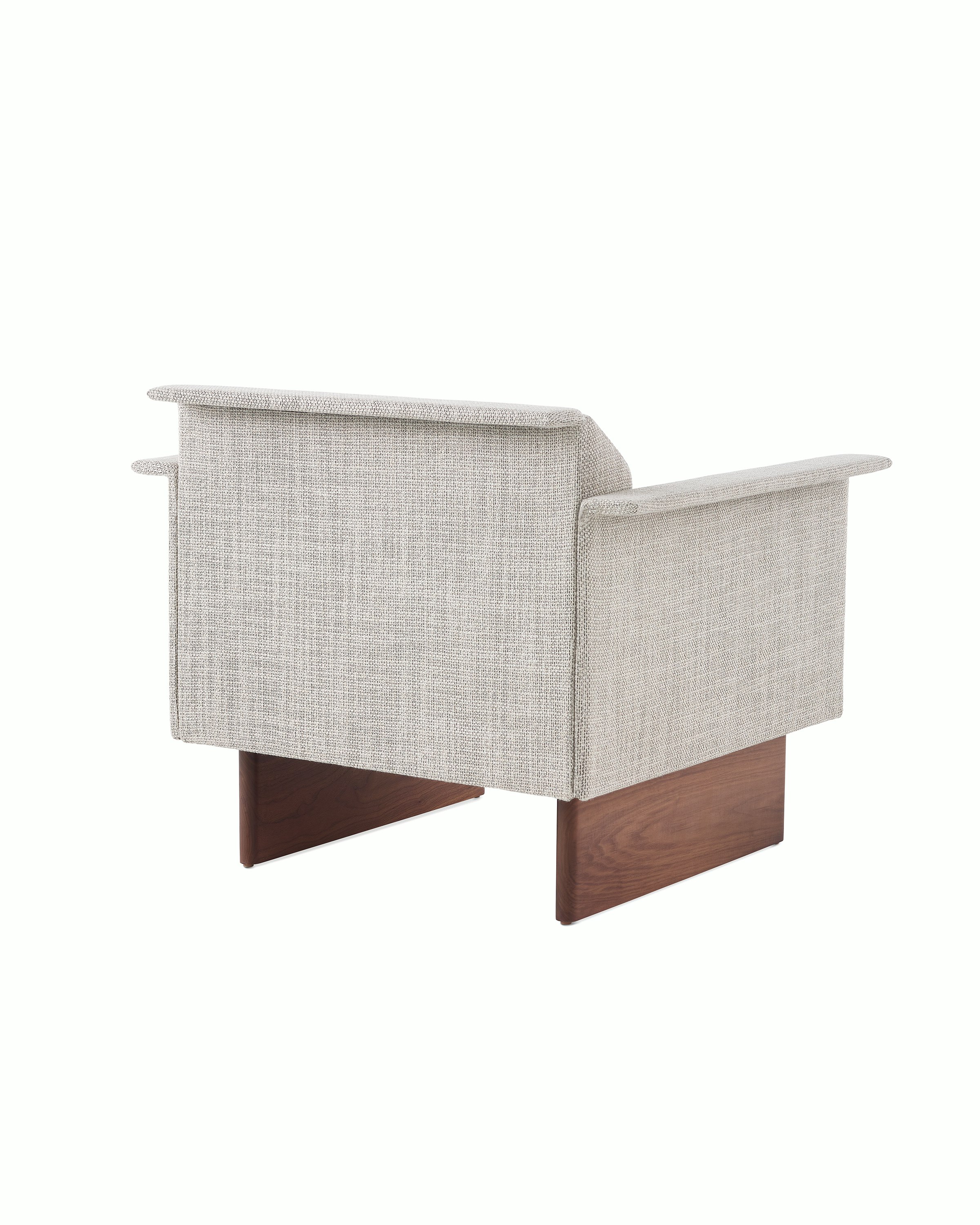 Mantle Club Chair in Capri Stone with Walnut Wood Base, back view.