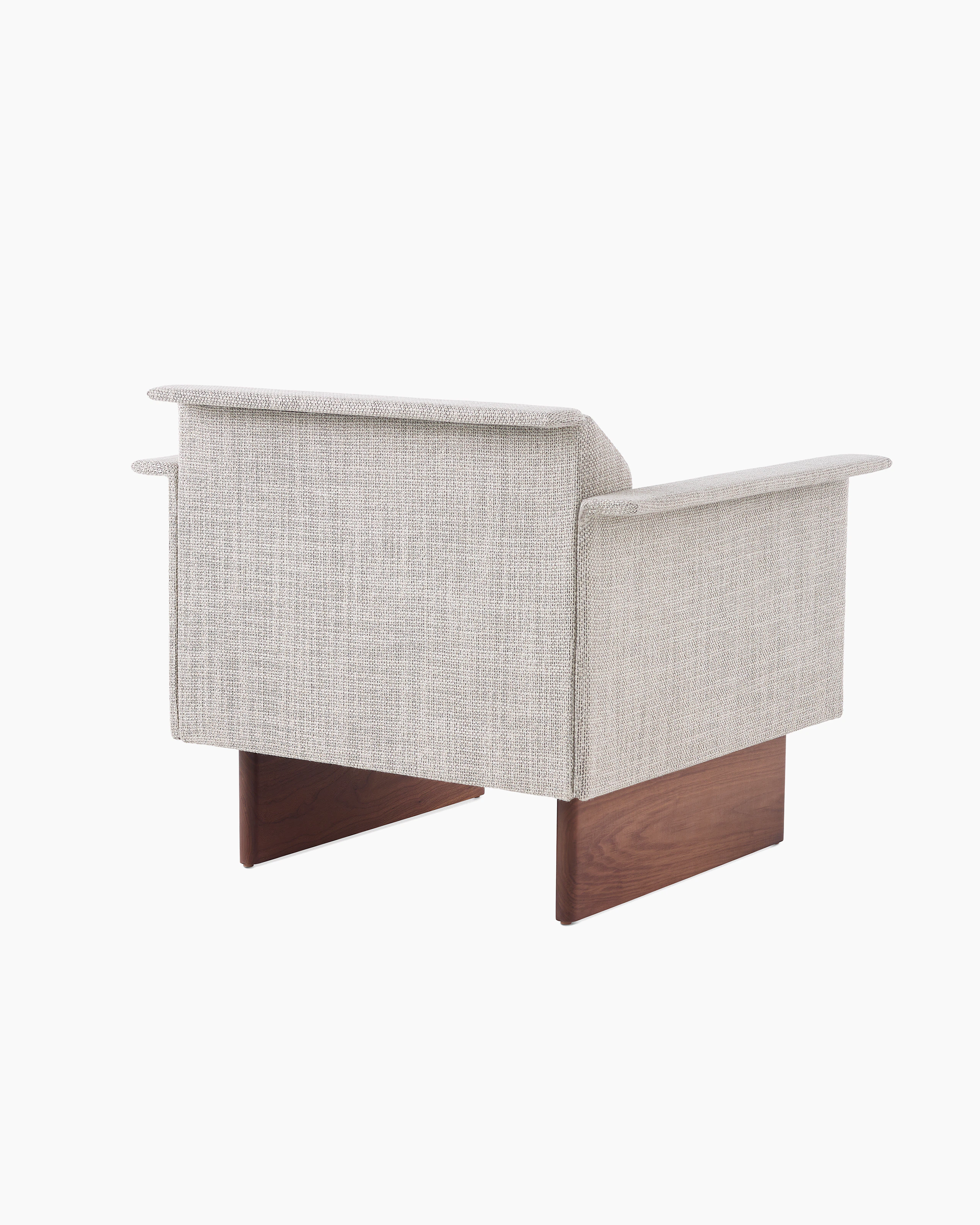 Mantle Club Chair in Capri Stone with Walnut Wood Base, back view.