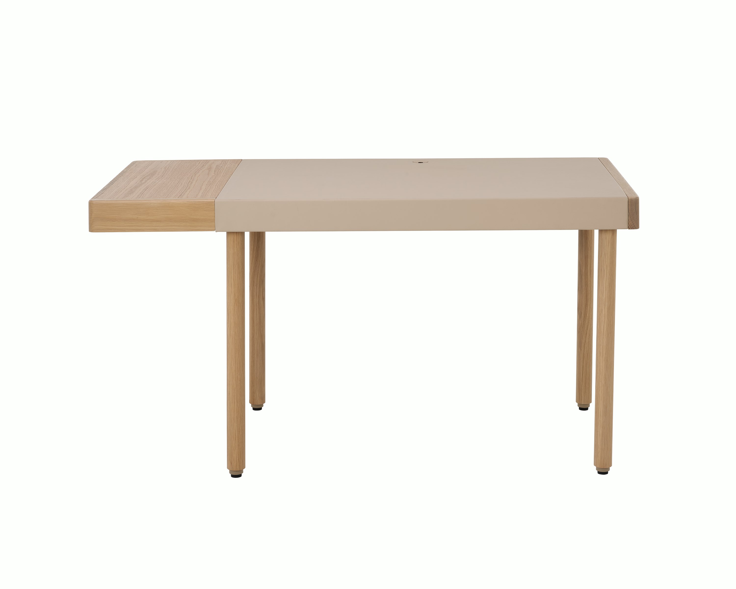 New Canaan Leatherwrap Sit-to-Stand Desk in Oak and Champagne Leather, one drawer, front view.