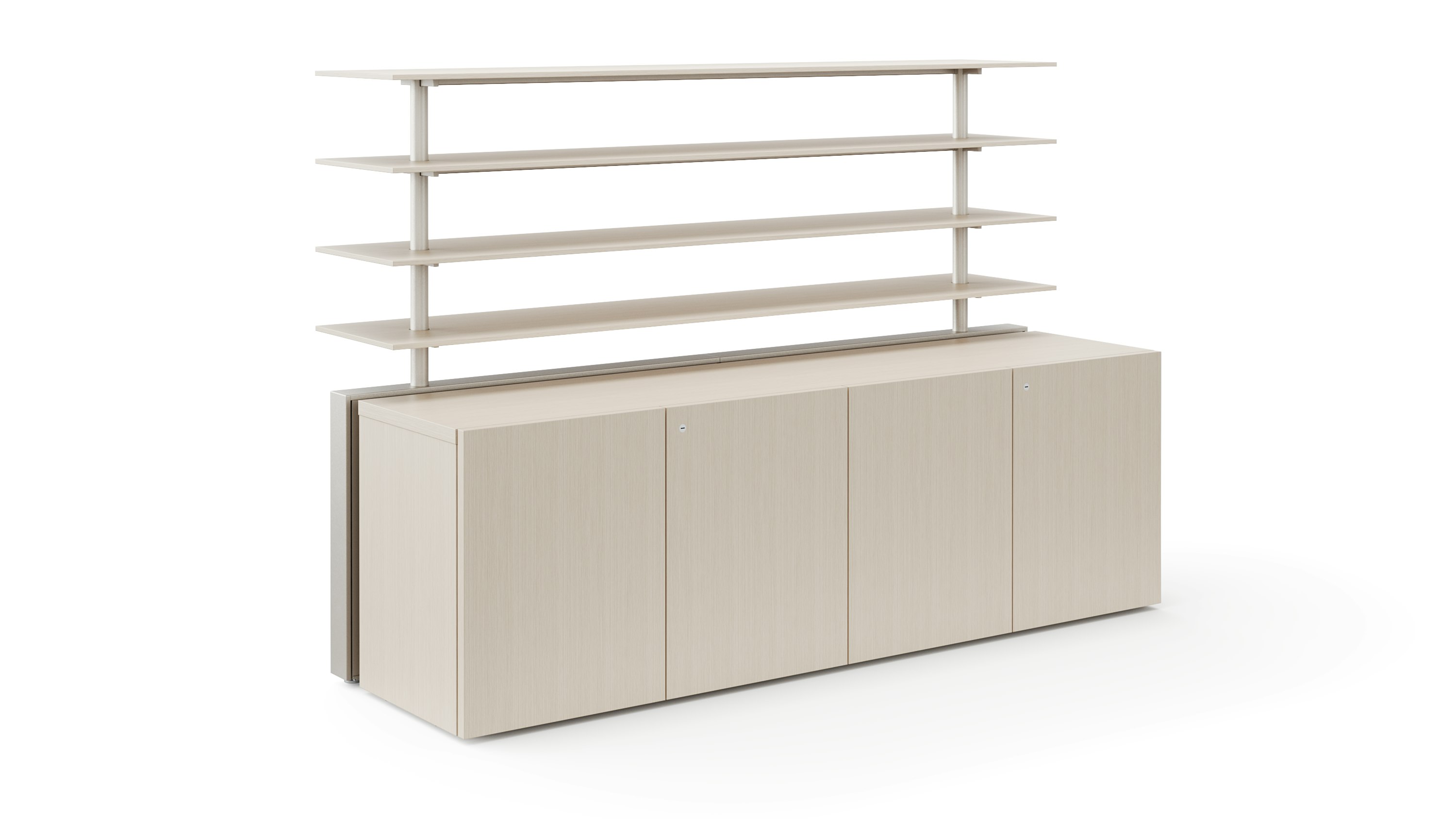 A credenza with closed doors is covered in a light veneer and has open shelving attached to the top of the credenza.