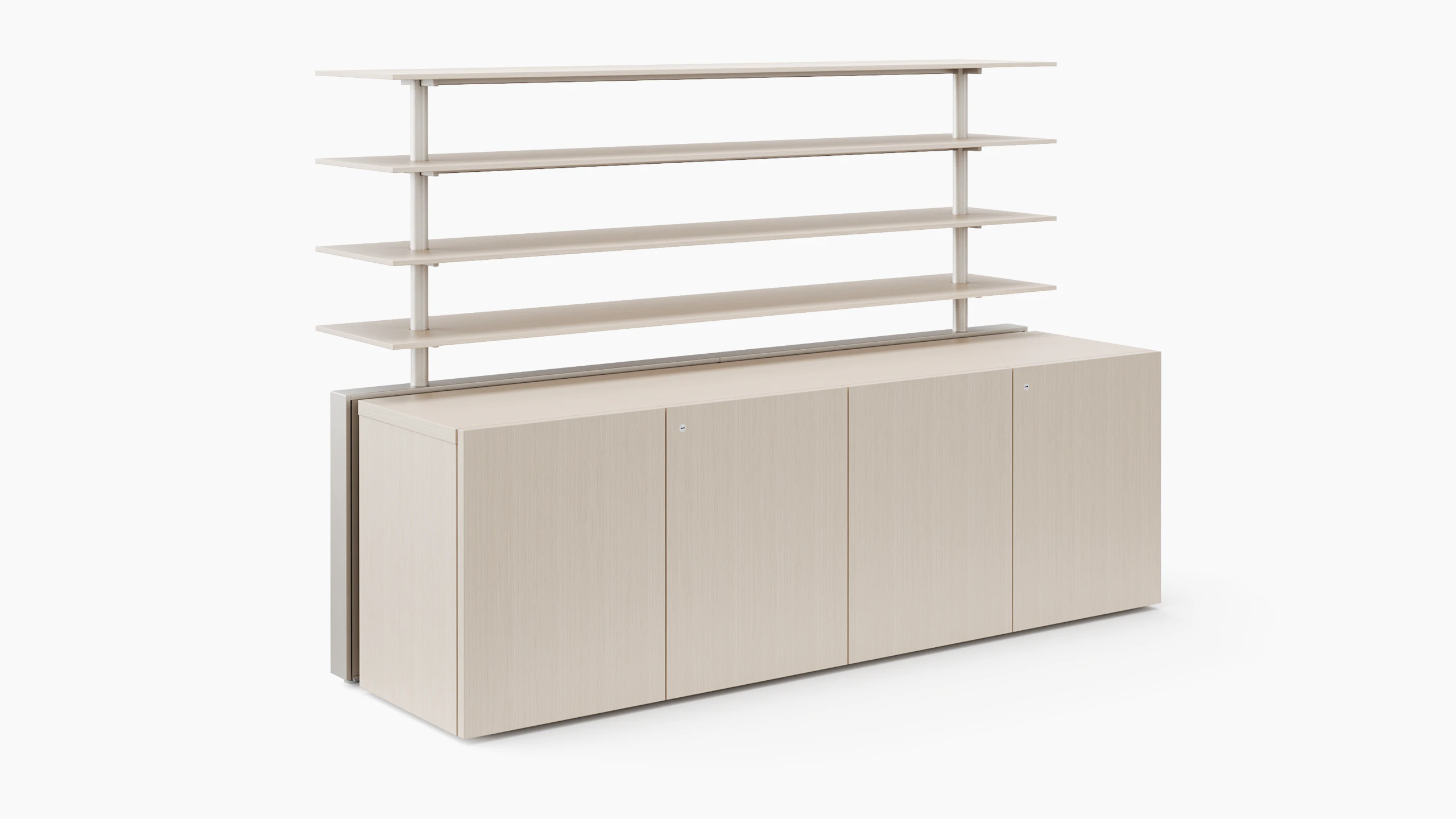 A credenza with closed doors is covered in a light veneer and has open shelving attached to the top of the credenza.