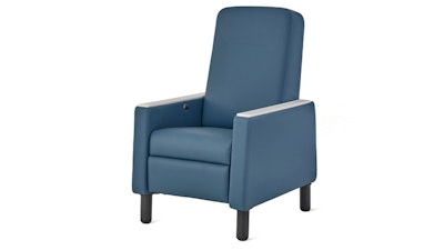 A front three-quarter view of a blue Gemma Compact Recliner by Herman Miller.