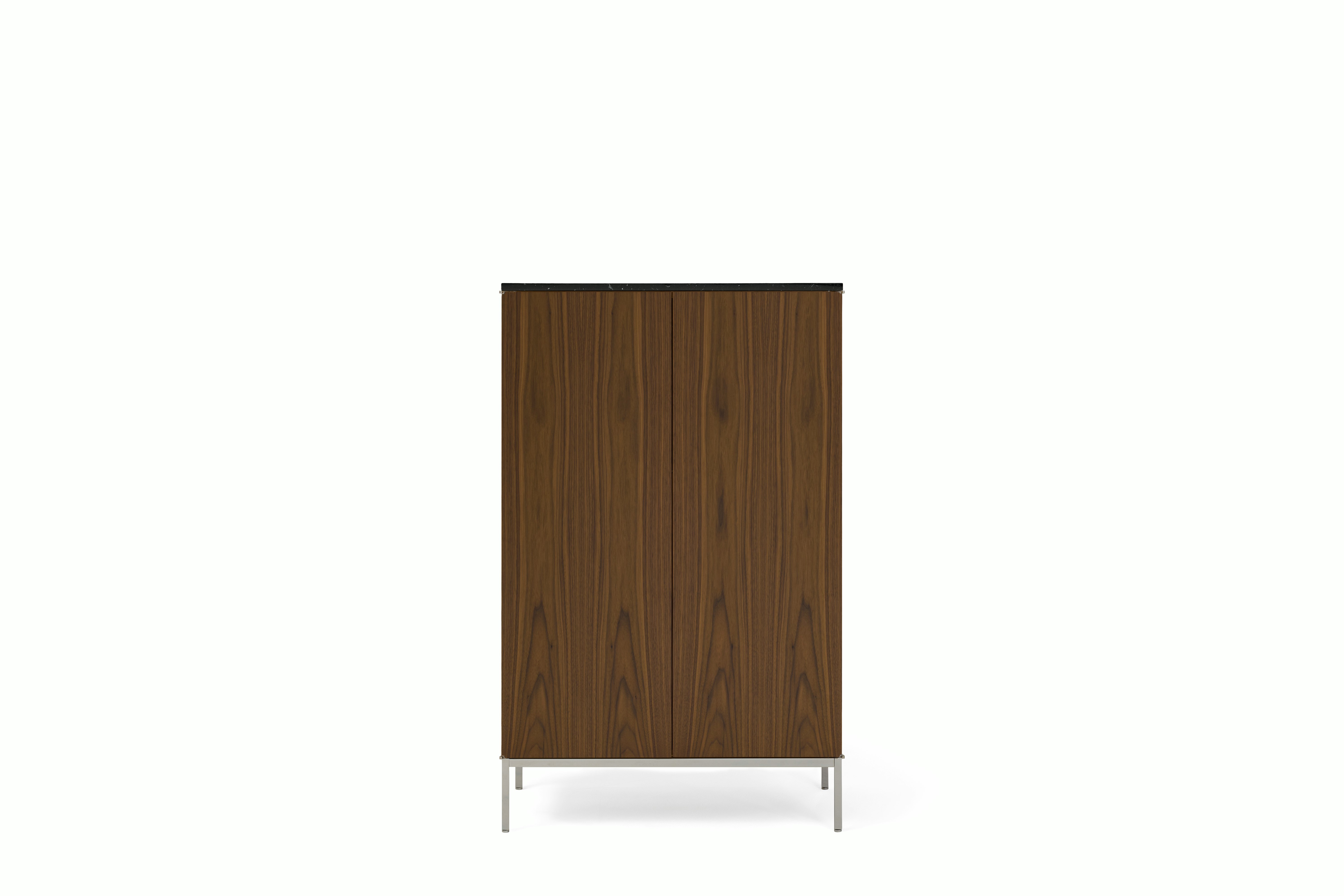 A Knoll Chermayeff Bar Cabinet in Walnut, Nero Marquina Satin Coated Marble viewed from the front.