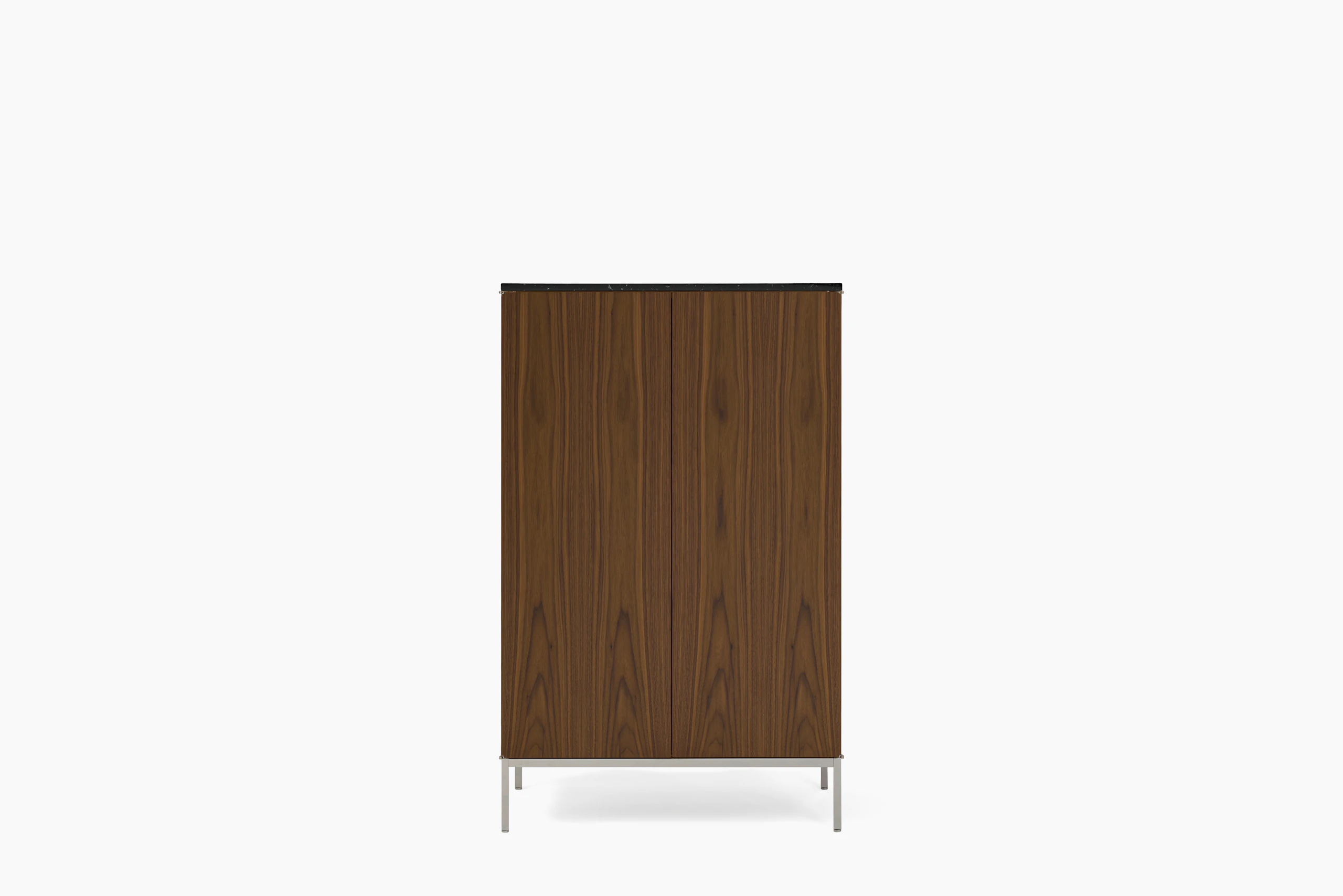 A Knoll Chermayeff Bar Cabinet in Walnut, Nero Marquina Satin Coated Marble viewed from the front.