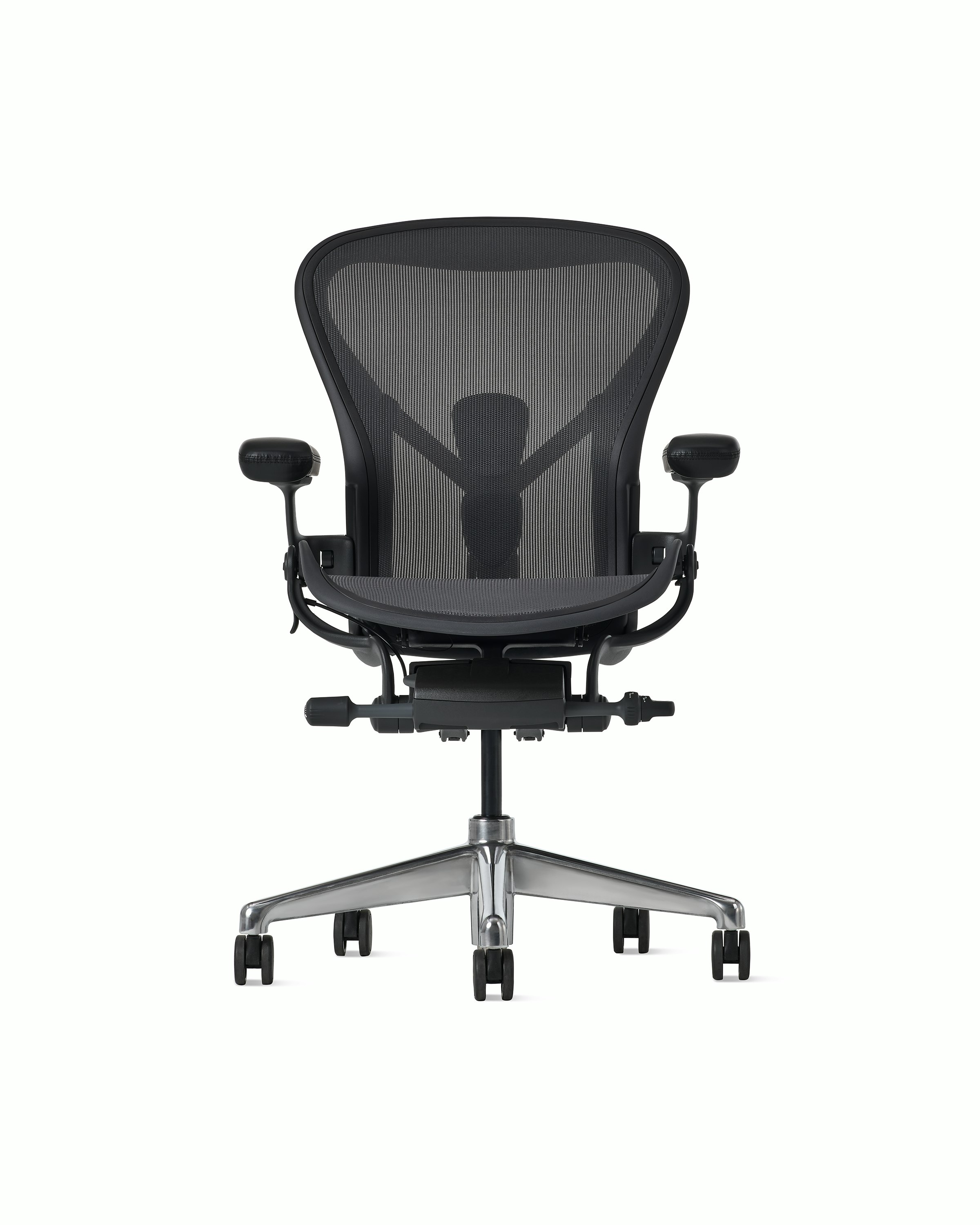 Front view of an Aeron ESD chair in size B, granite frame and suspension and polished base.