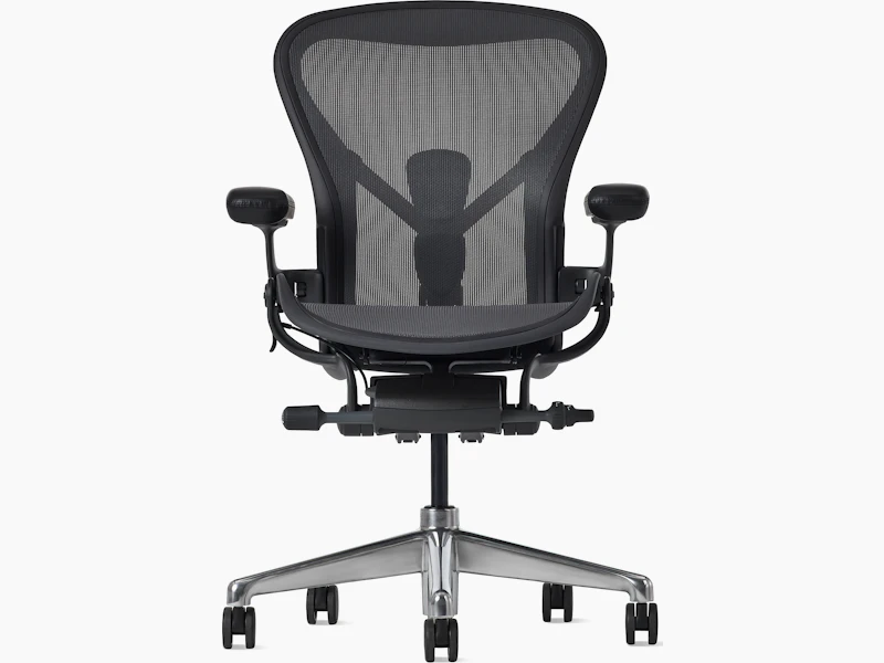 Front view of an Aeron ESD chair in size B, granite frame and suspension and polished base.