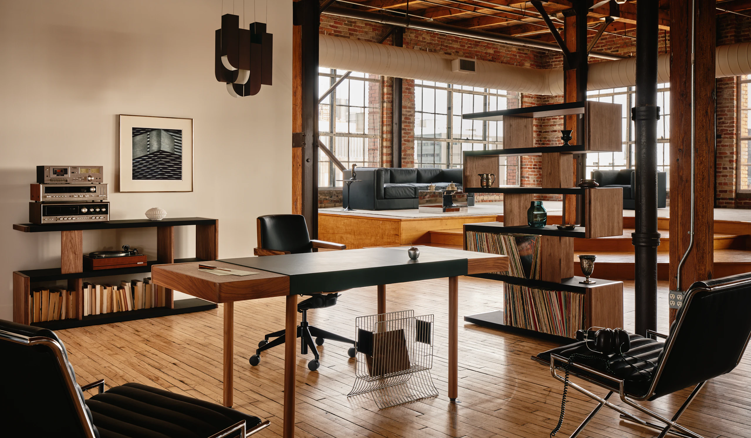 New Canaan Leatherwrap Sit-to-Stand Desk n walnut and green