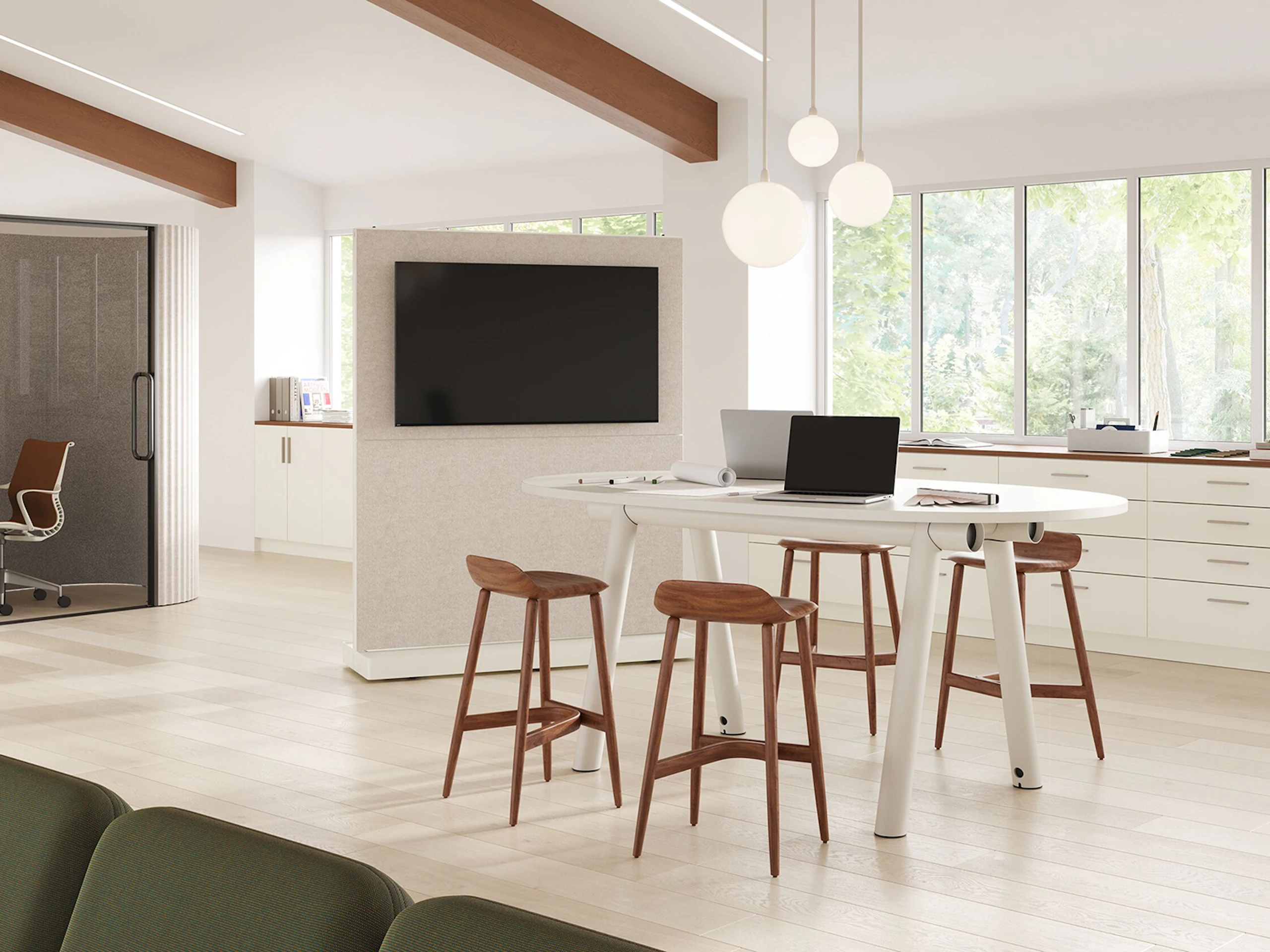 Oval top Boa Table in a huddle studio space setting, counter height with stools and OE1 Agile media wall.