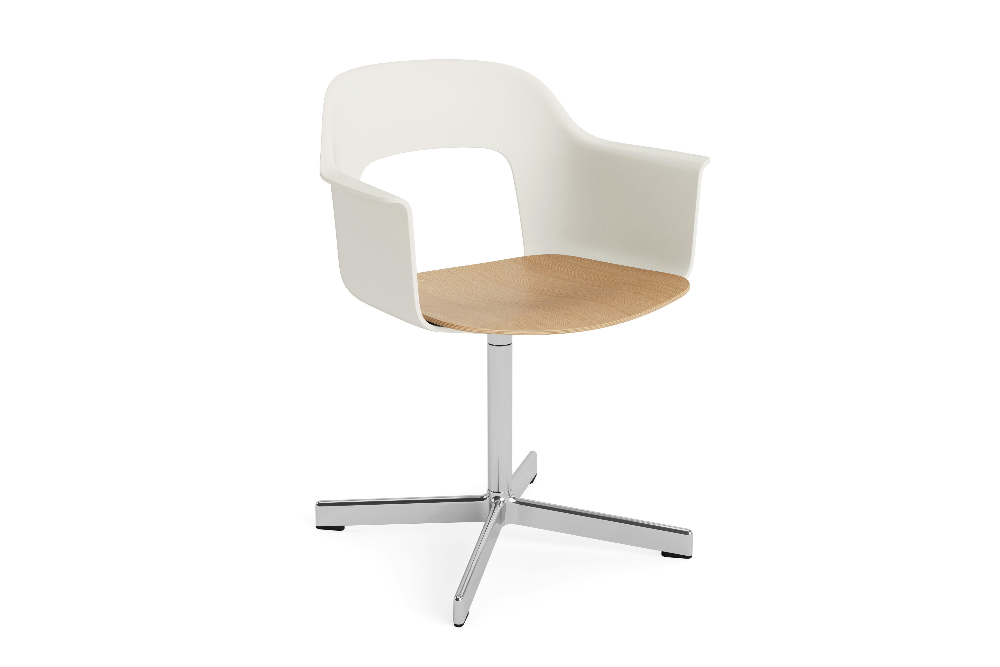 Layout Armchair 232 with cream white shell and plywood seat on silver swivel base, angled front view.