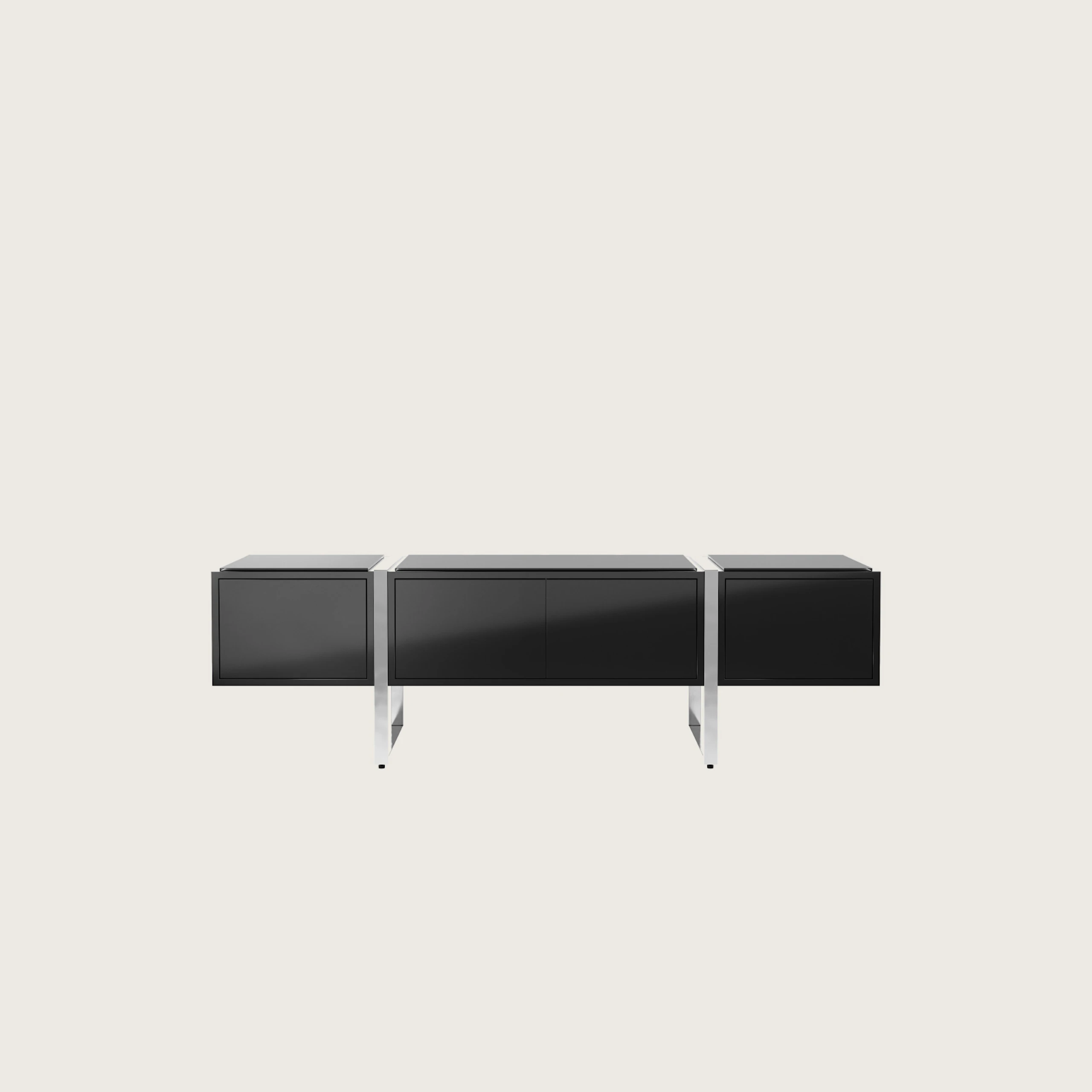 Highline Credenza in Black Polyester with Clear Black Backpainted Glass top and Polished Chrome legs viewed from the front.