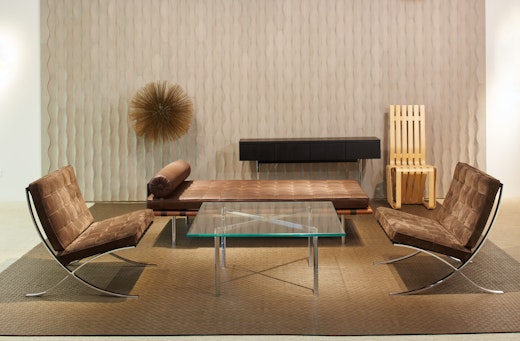 NeoCon 2015 waiting area Activity Space Ludwig Mies van der Rohe Harry Bertoia Frank Gehry Spinneybeck Leather wallcovering Barcelona Collection Barcelona Chair Barcelona Table Barcelona Couch day bed