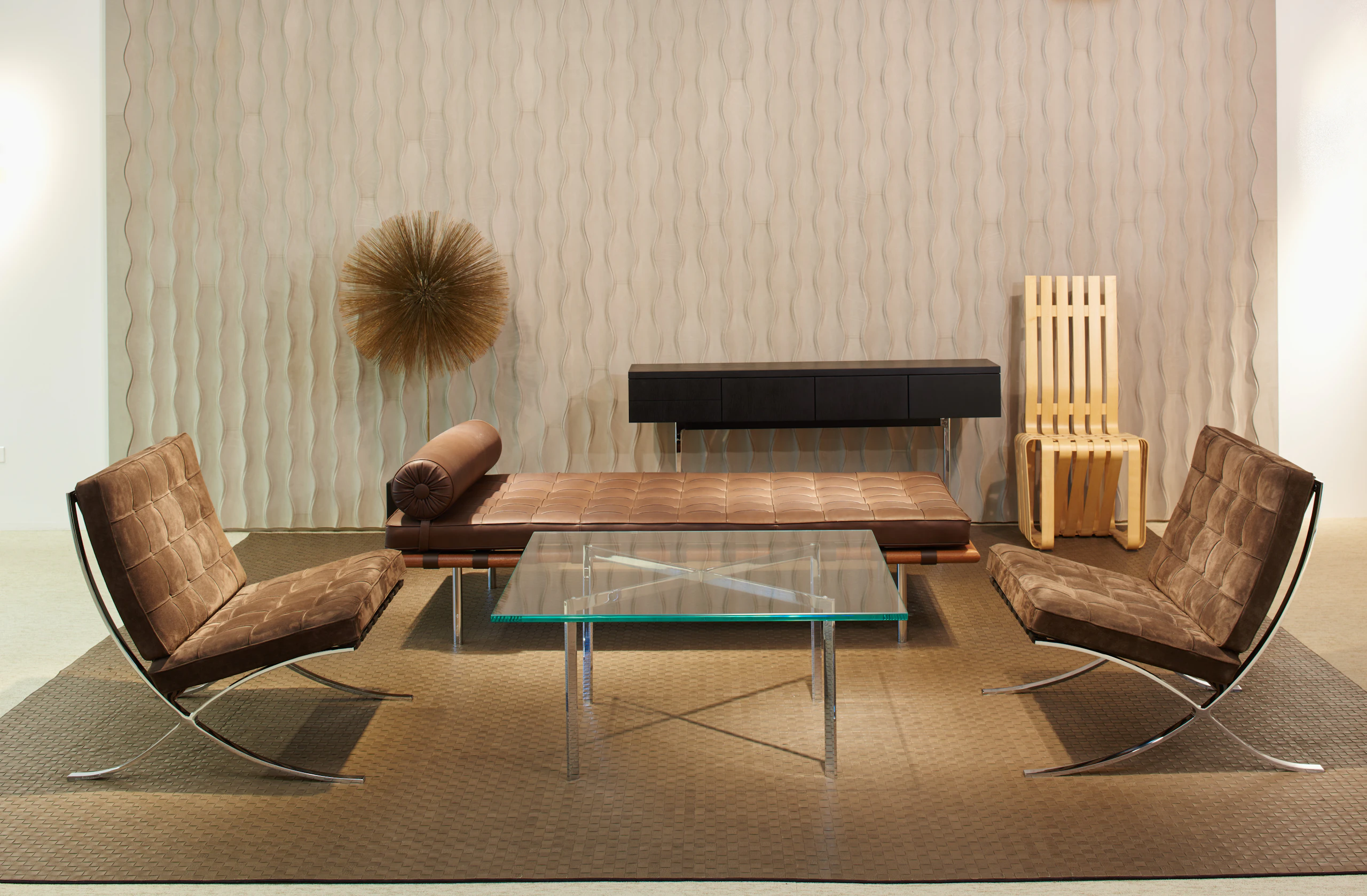 NeoCon 2015 waiting area Activity Space Ludwig Mies van der Rohe Harry Bertoia Frank Gehry Spinneybeck Leather wallcovering Barcelona Collection Barcelona Chair Barcelona Table Barcelona Couch day bed