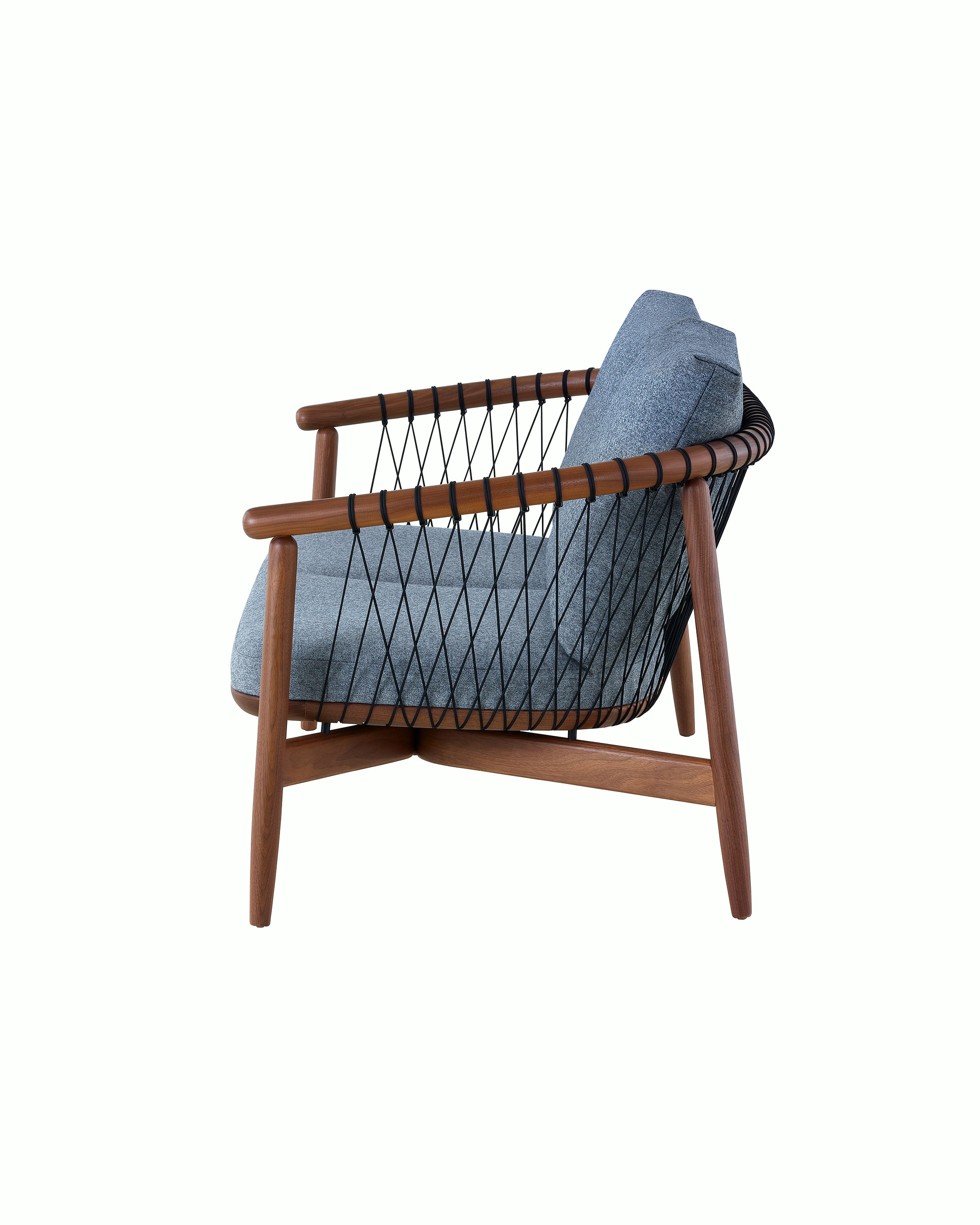 A dark-colored Crosshatch Settee featuring gray upholstery and a walnut frame. Viewed from the side.