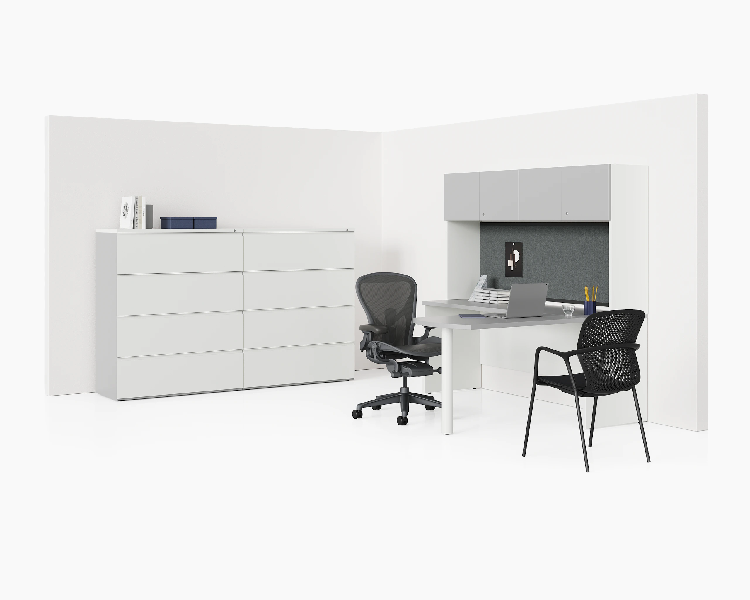 A private office with upper storage, tack board, and guest seating.