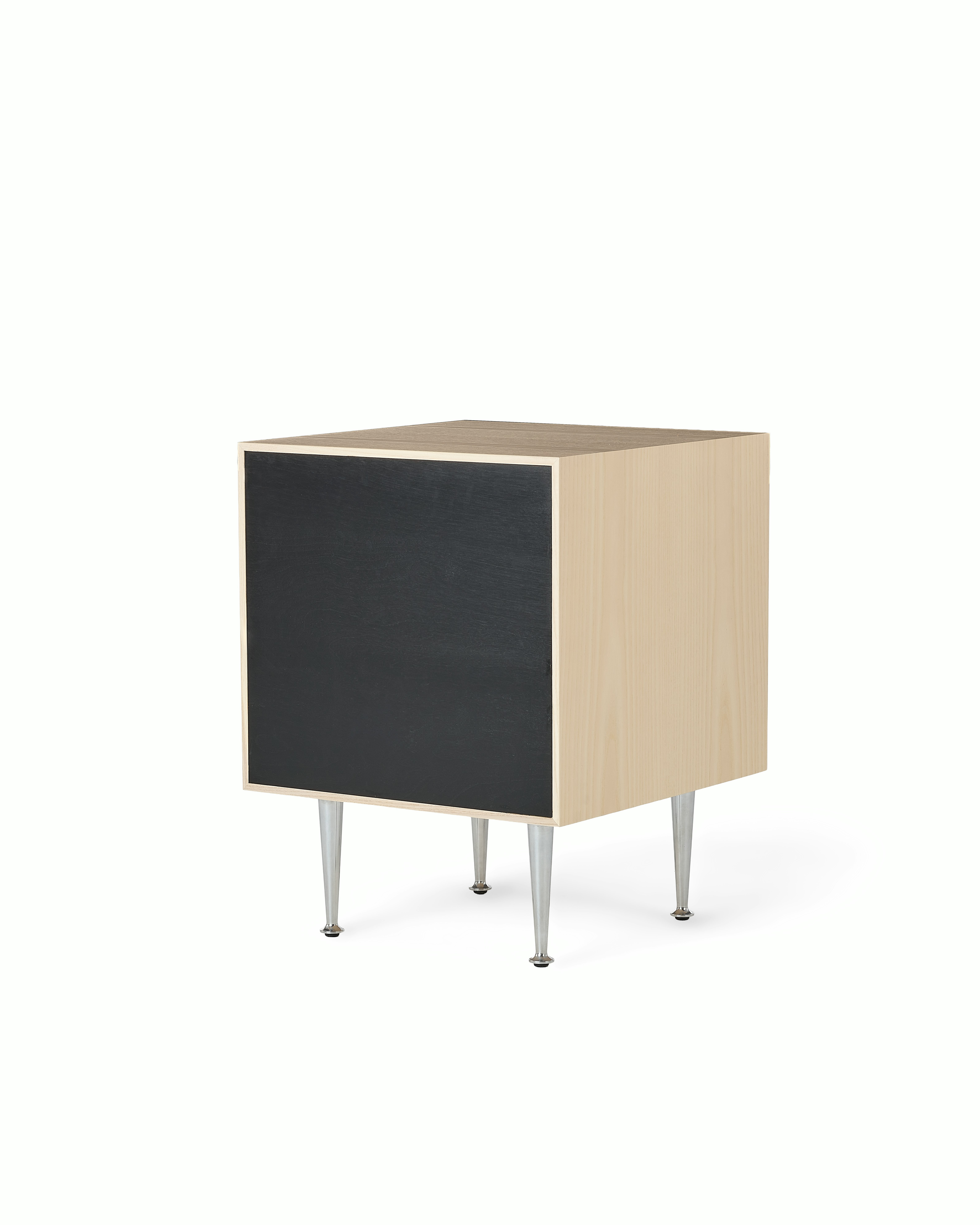 A Nelson Thin Edge Bedside Table in walnut white viewed from behind.