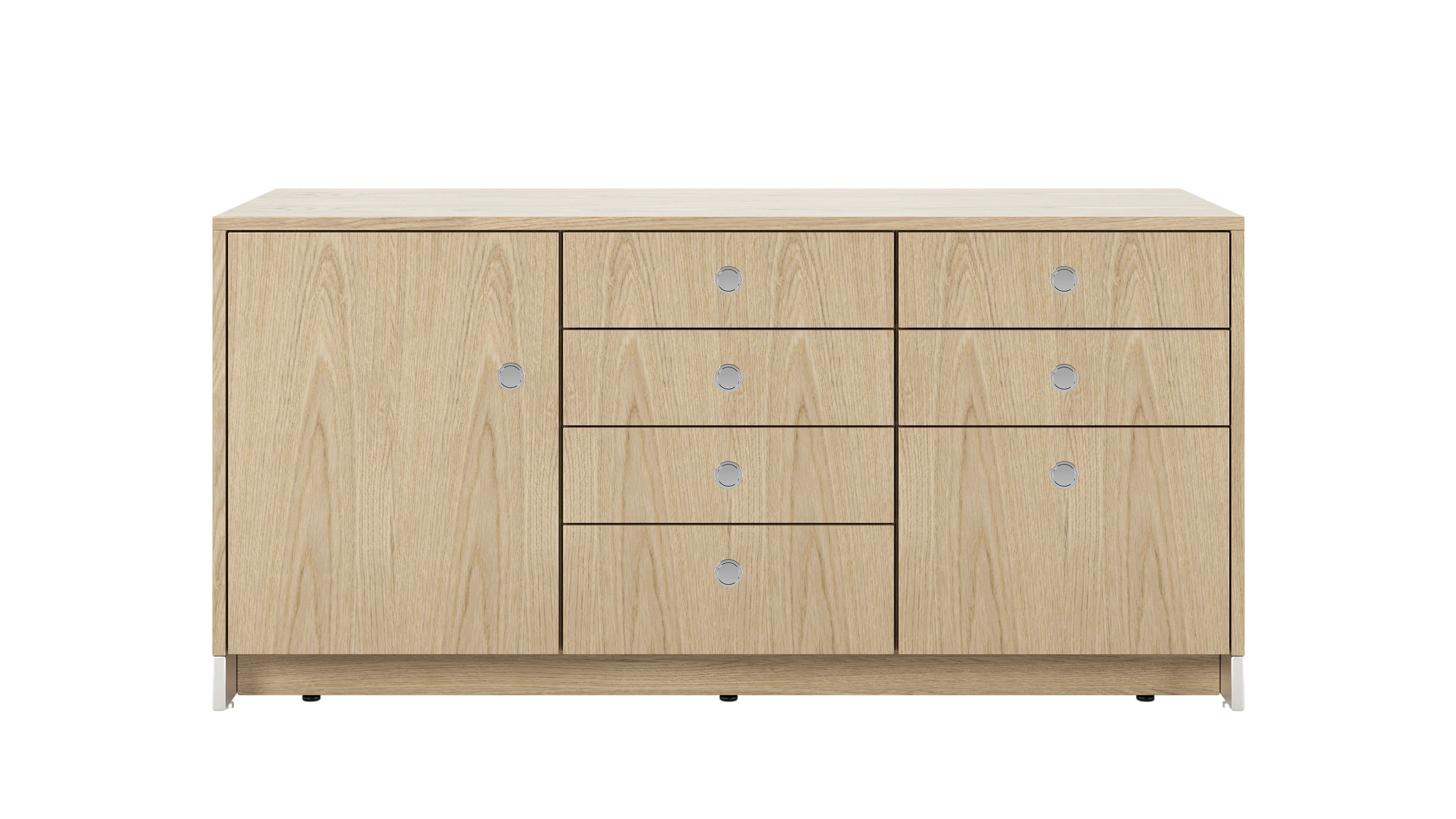 52.5 inch wide Sled Base Credenza with mixed storage in oak with a chrome base and pulls viewed from the front.