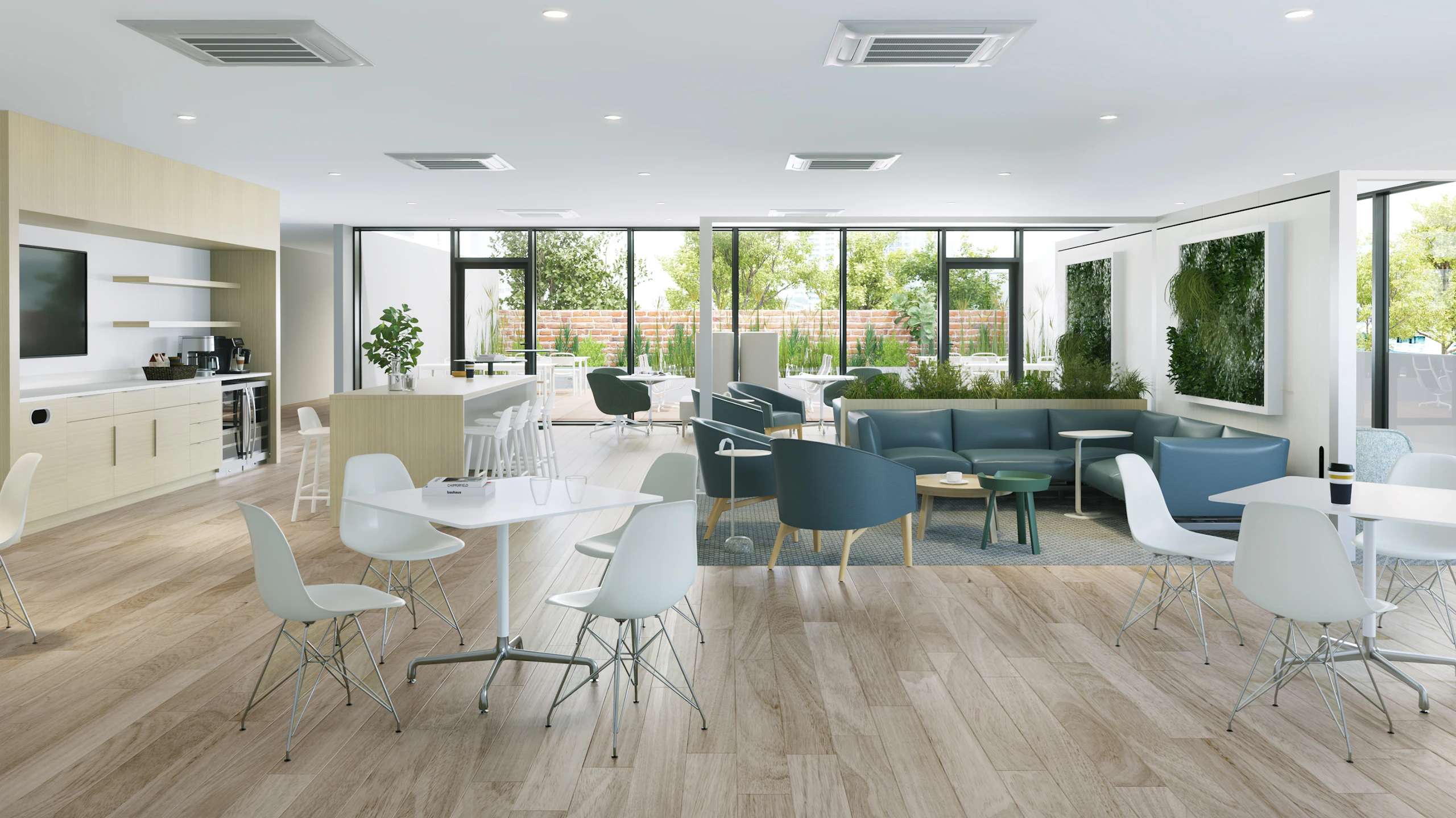 Lounge area with coffee bar furnished with white Eames Molded Plastic Chairs, Eames Tables, and blue Sophora Lounge Chairs.