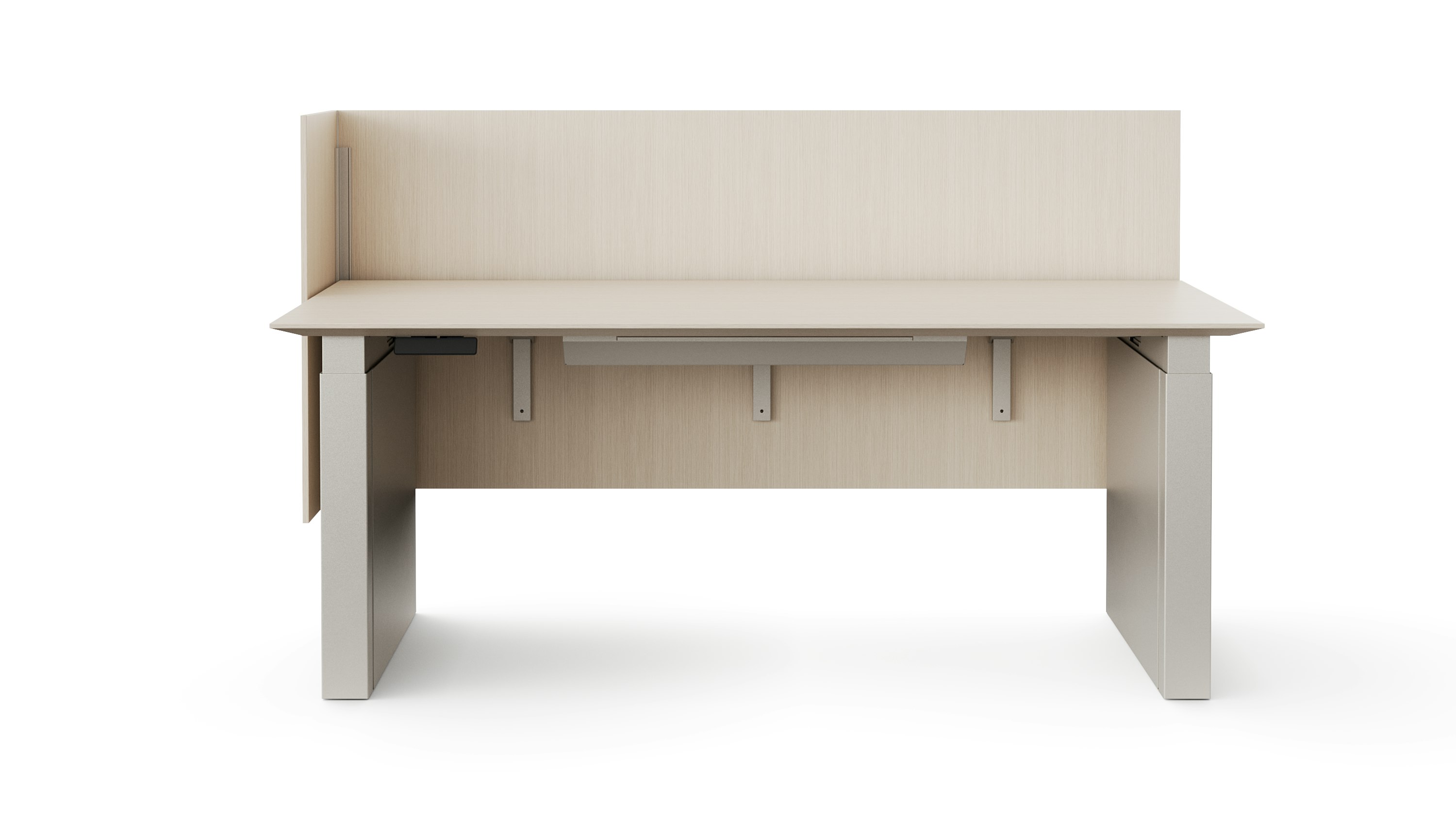 A rendering of a height adjustable table with shrouded legs and a surface attached screen on the back and one side of the table shown from straight on. The finishes of all the materials are a light color.