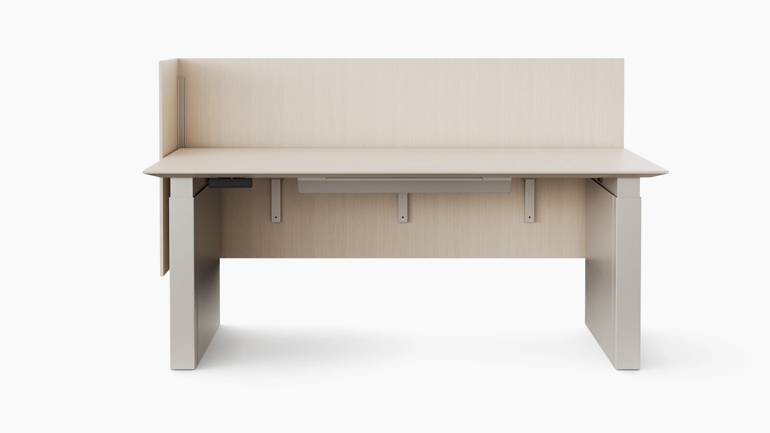 A rendering of a height adjustable table with shrouded legs and a surface attached screen on the back and one side of the table shown from straight on. The finishes of all the materials are a light color.