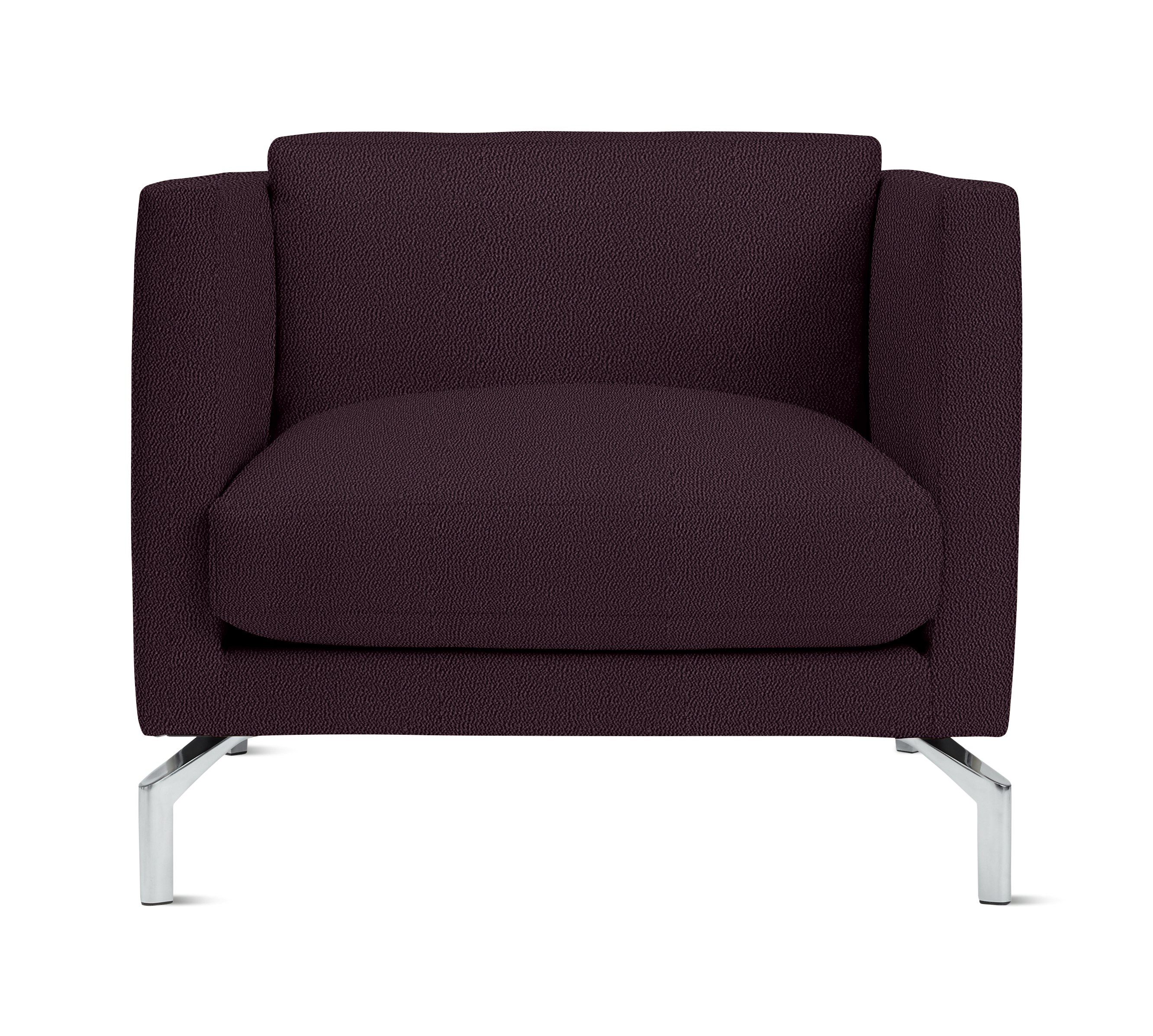 A Comolino Armchair in Turf: Burgundy viewed from the front.