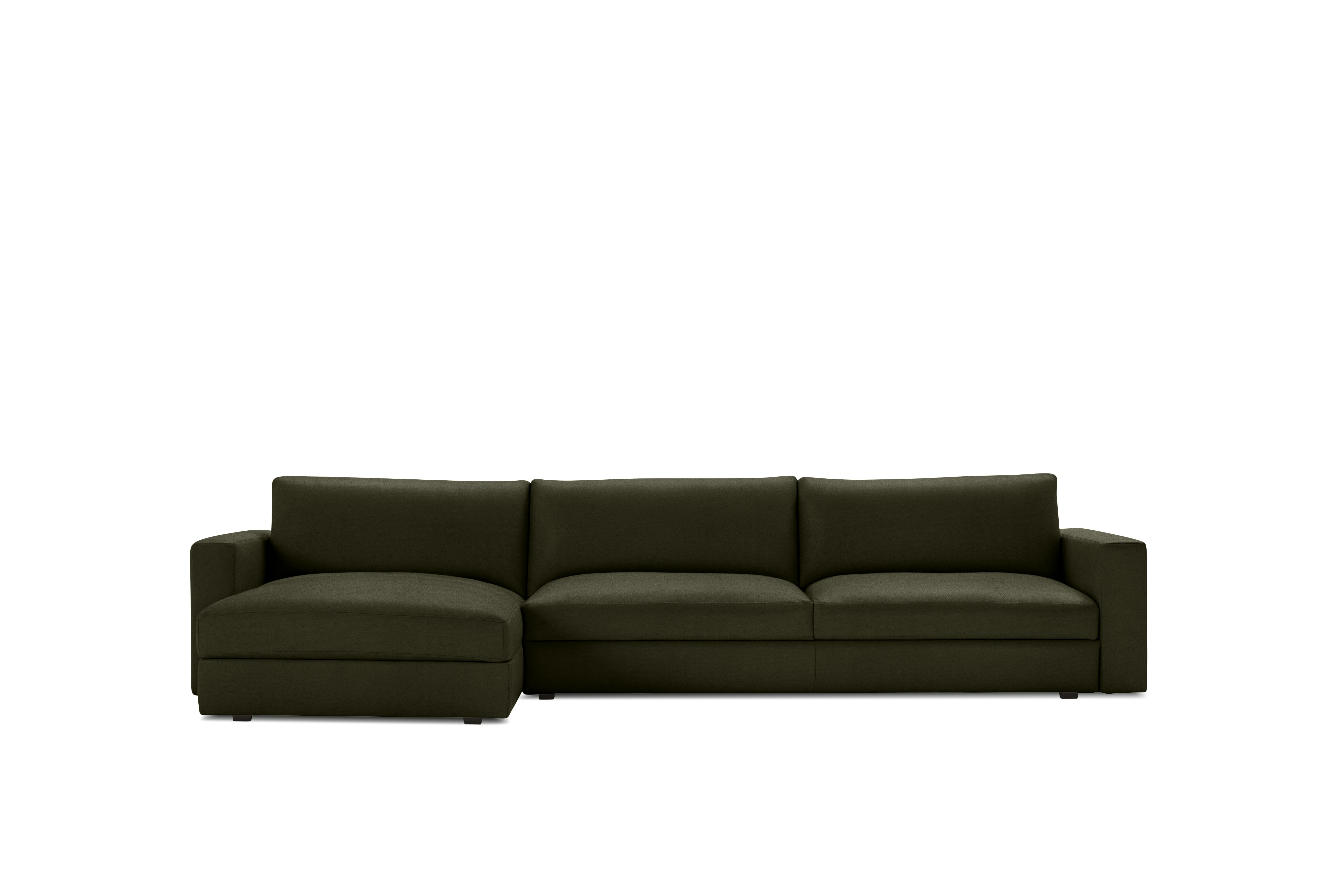 A Reid Sleeper Storage Sectional in Crypton Sintra Velvet Olive viewed from the front.