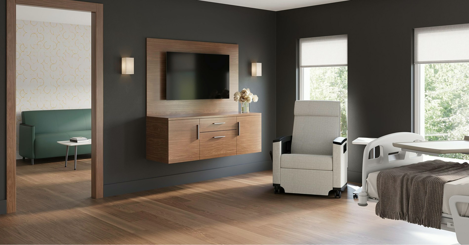 Premium private room in women’s health facility or boutique care with Consoul Recliner and Pamona Sofa