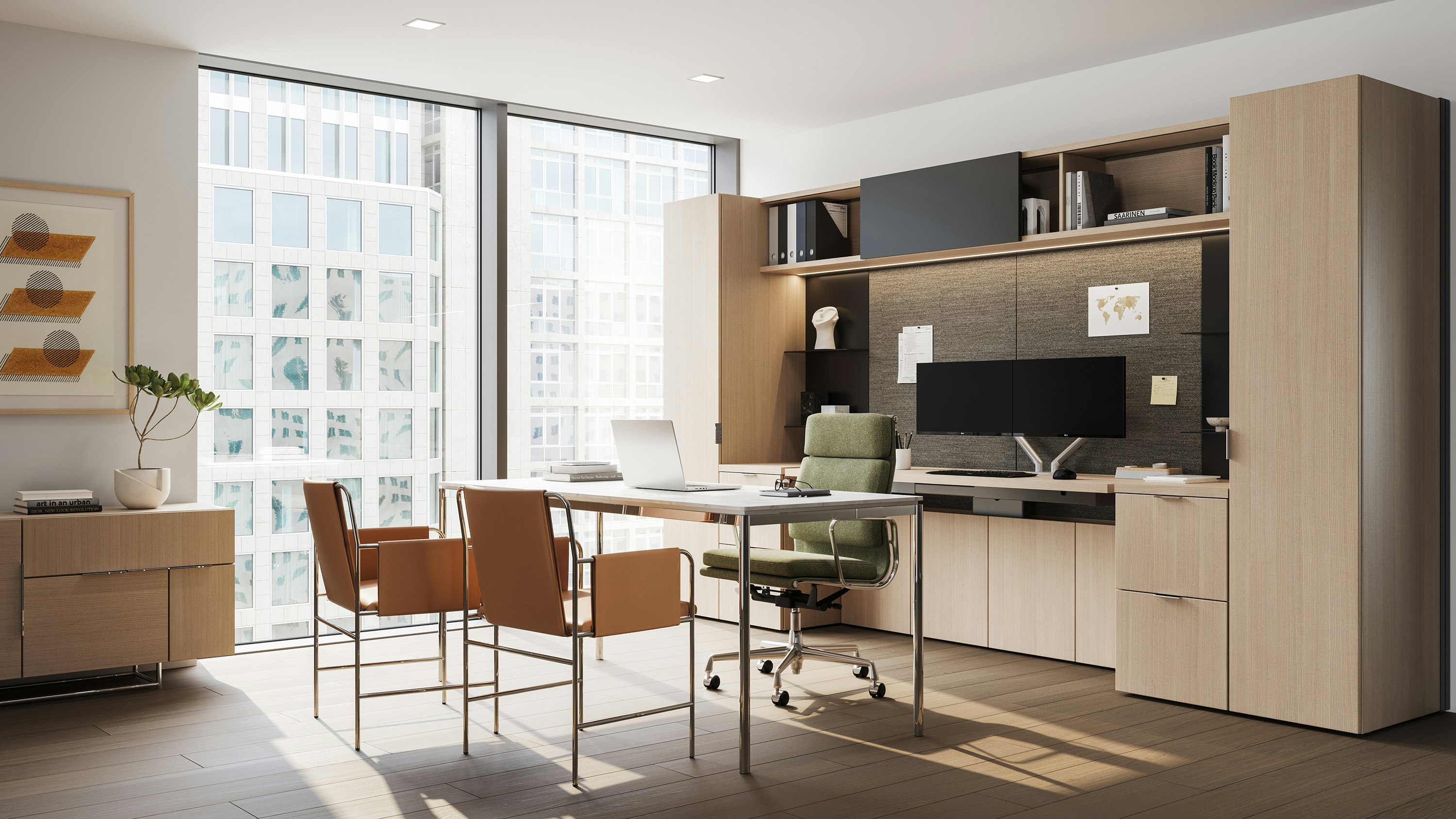 Geiger One Private office in RecoGrain Frosty Ash, with Domino Credenza, Eames Soft Pad and Envelope Guest Chairs, viewed at an angle.