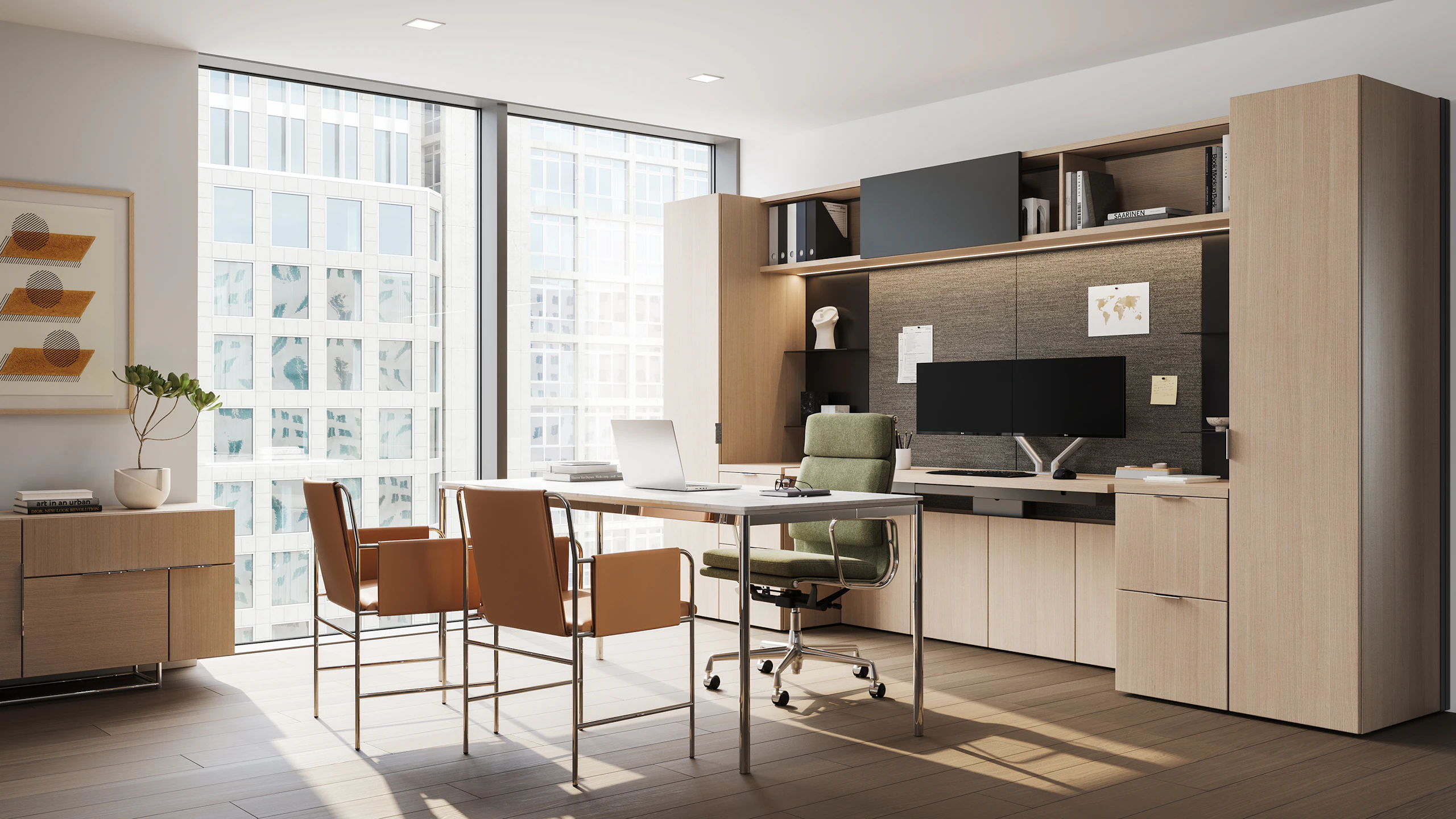 Geiger One Private office in RecoGrain Frosty Ash, with Domino Credenza, Eames Soft Pad and Envelope Guest Chairs, viewed at an angle.