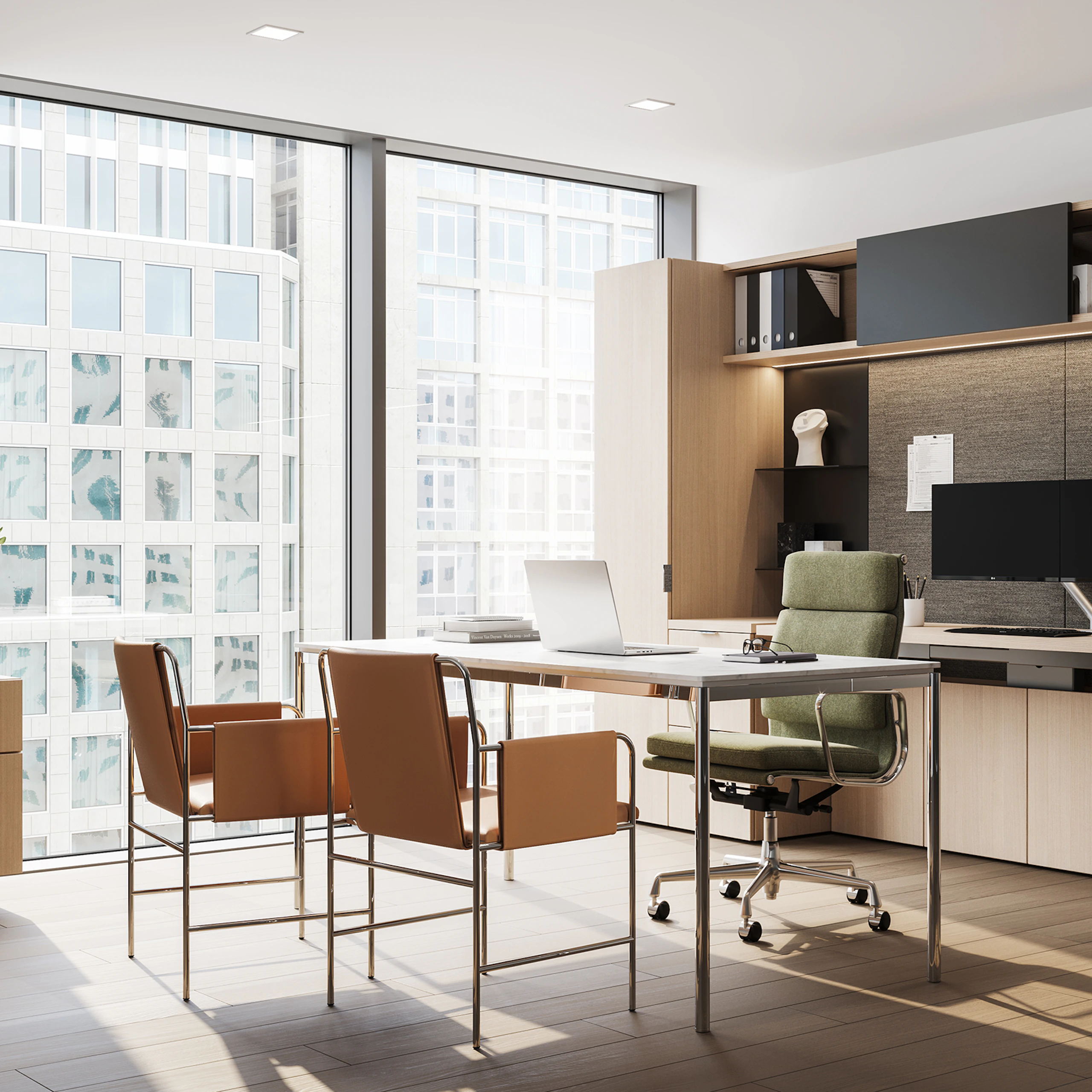 Geiger One Private office in RecoGrain Frosty Ash, with Domino Credenza, Eames Soft Pad and Envelope Guest Chairs, viewed at an angle.