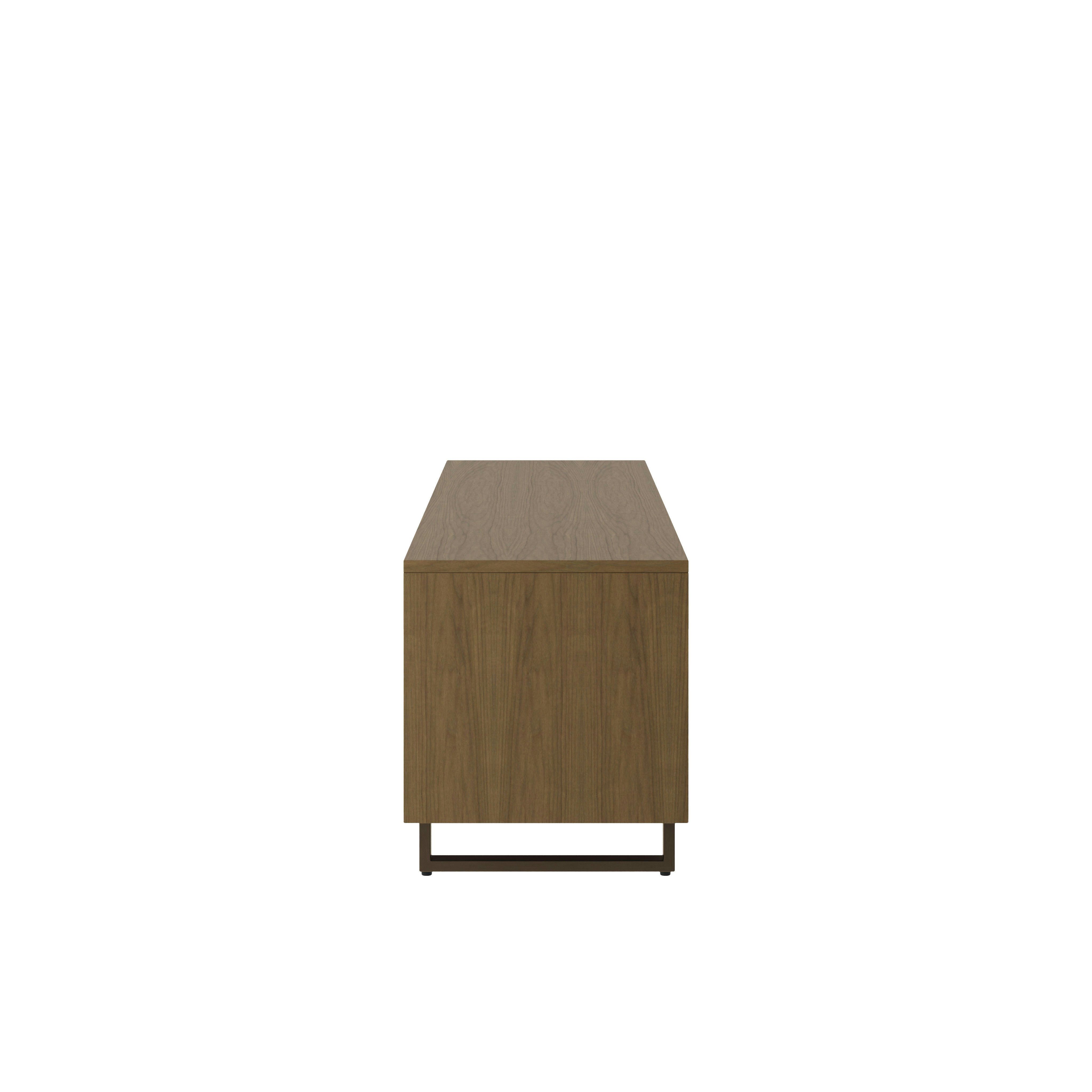 Highline Twenty Five Credenza in Natural Flat Cut Walnut with Grey painted front and Oil Rubbed Bronze base viewed from the side.