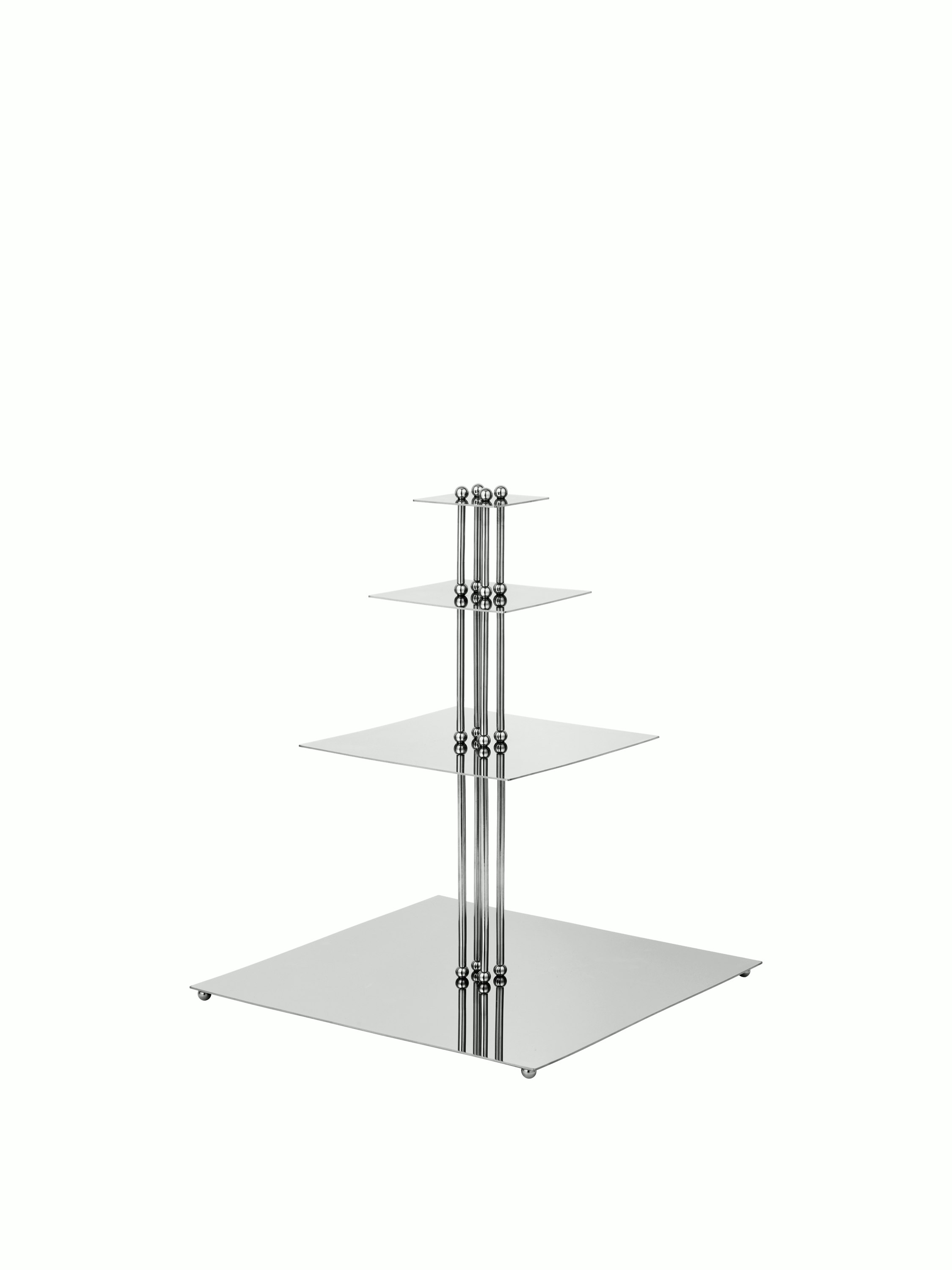 A Orbelle Etagere in stainless steel Viewed from an angle.
